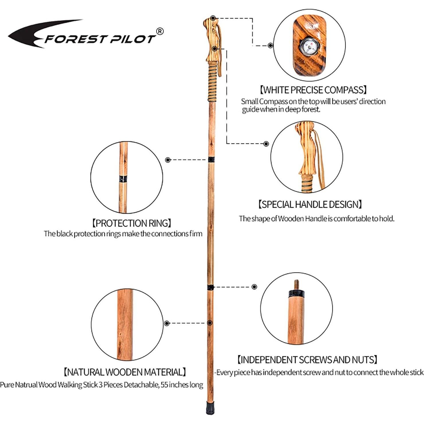 Bastón de Madera Desmontable FOREST PILOT 139,7 cm con Brújula