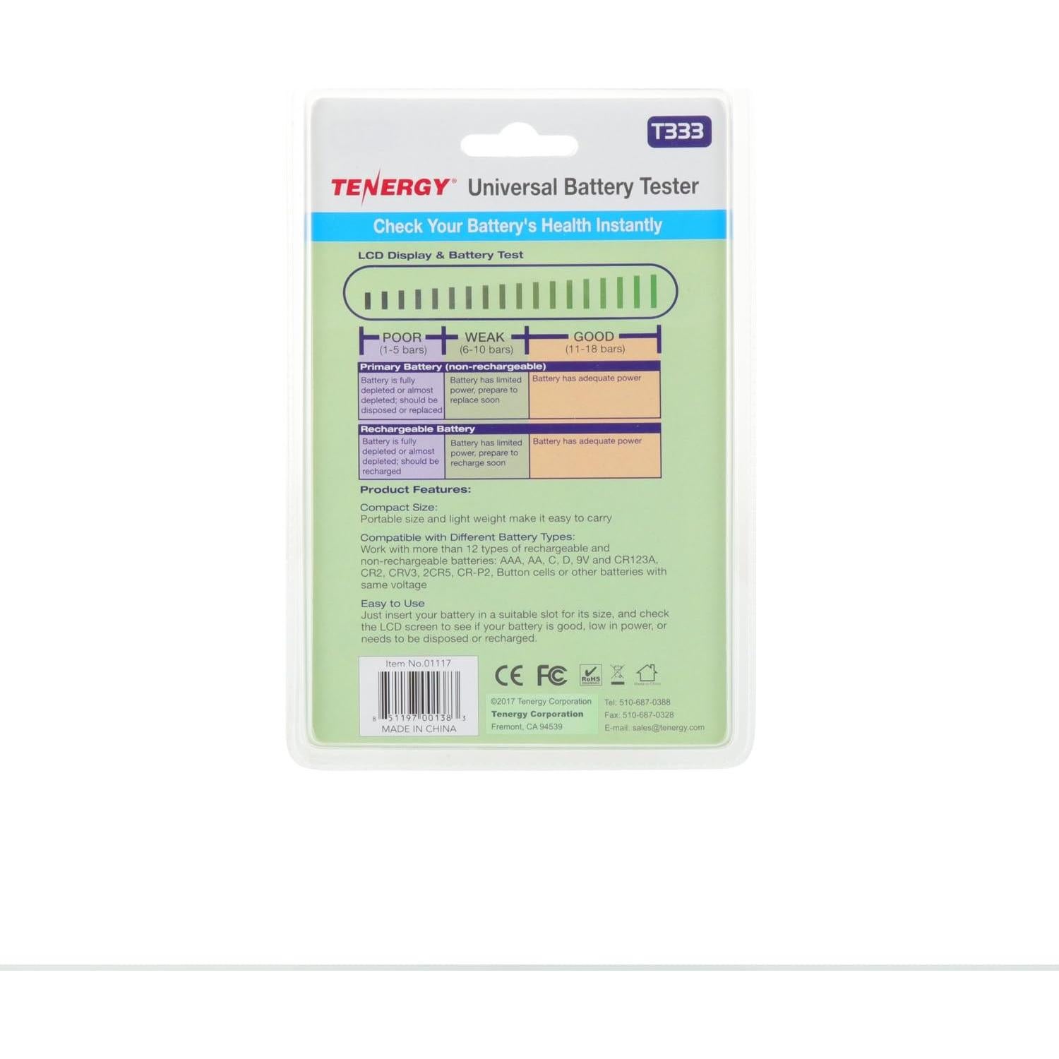 Probador de Baterías Tenergy T-333 LCD Universal Multiusos