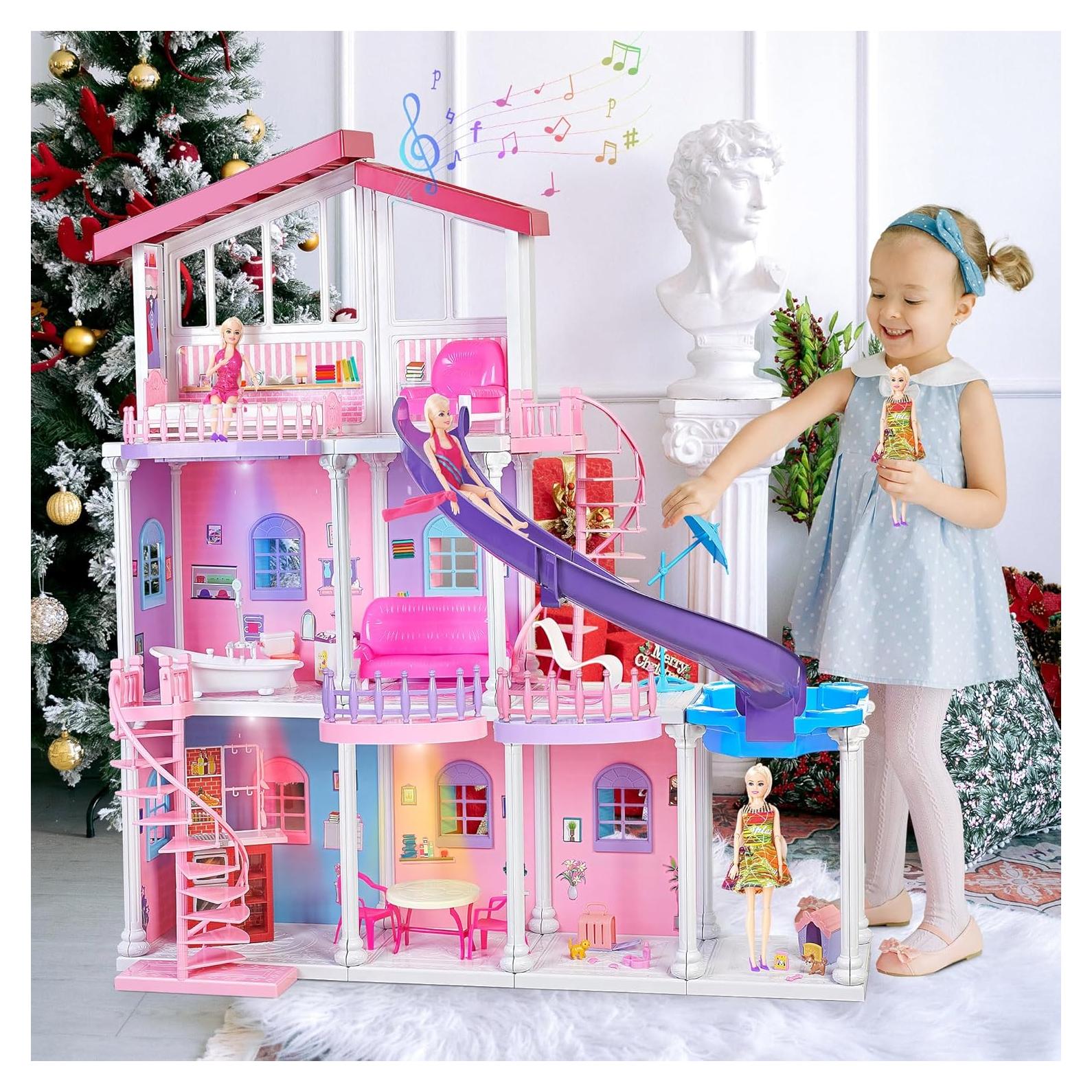 My Large Dreamy Doll House, 3-Story 47'' Sturdy Dollhouse with Big Furnitures & Accessories, ABS Plastic Play House Toys Gifts for 3 to 12 Year Olds Girls Kids