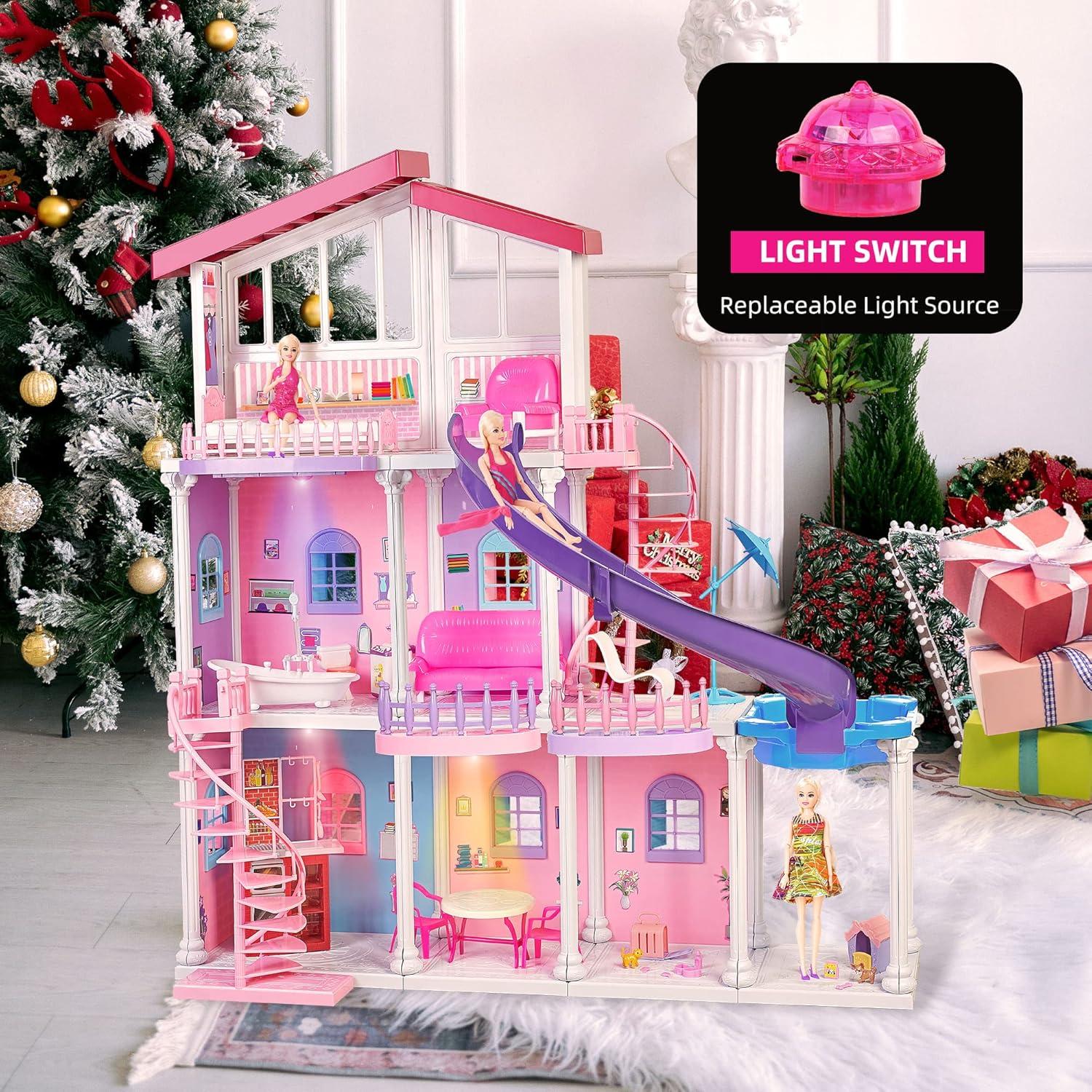 My Large Dreamy Doll House, 3-Story 47'' Sturdy Dollhouse with Big Furnitures & Accessories, ABS Plastic Play House Toys Gifts for 3 to 12 Year Olds Girls Kids