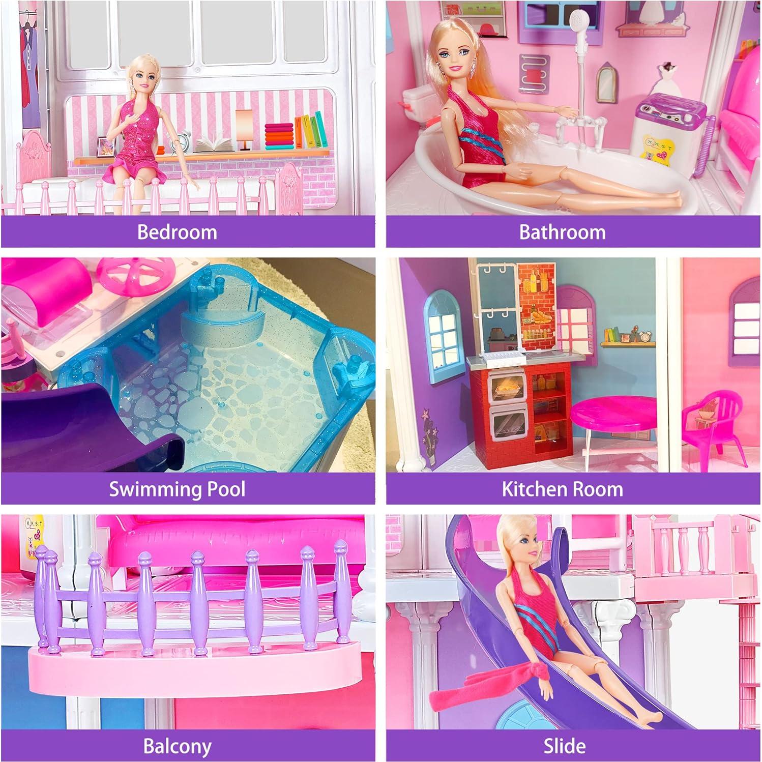 My Large Dreamy Doll House, 3-Story 47'' Sturdy Dollhouse with Big Furnitures & Accessories, ABS Plastic Play House Toys Gifts for 3 to 12 Year Olds Girls Kids