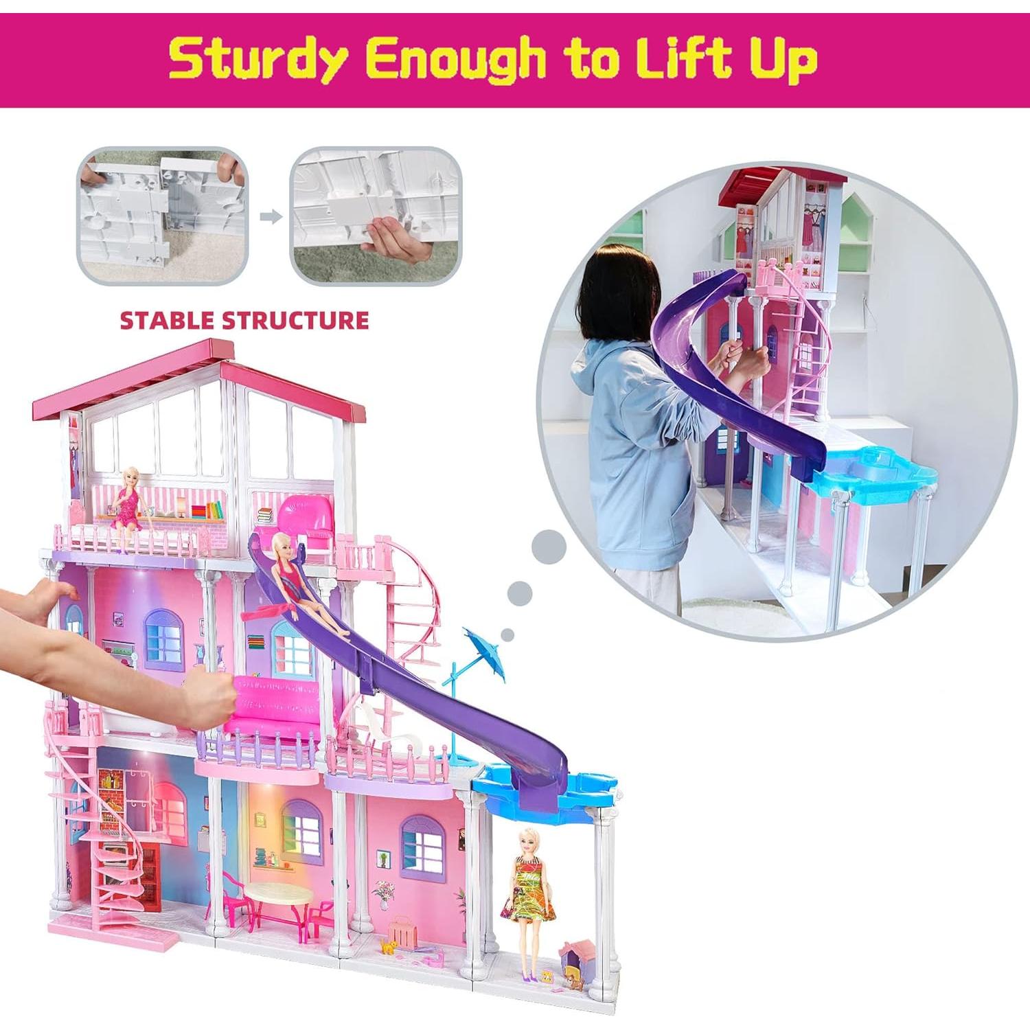 My Large Dreamy Doll House, 3-Story 47'' Sturdy Dollhouse with Big Furnitures & Accessories, ABS Plastic Play House Toys Gifts for 3 to 12 Year Olds Girls Kids