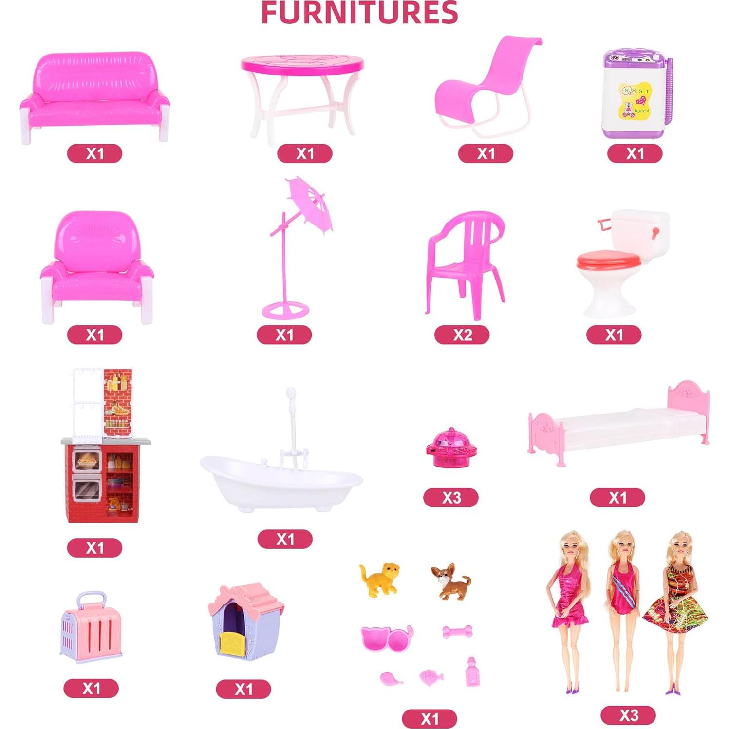 My Large Dreamy Doll House, 3-Story 47'' Sturdy Dollhouse with Big Furnitures & Accessories, ABS Plastic Play House Toys Gifts for 3 to 12 Year Olds Girls Kids