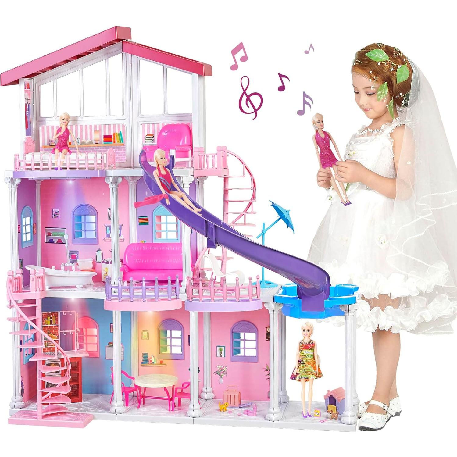 My Large Dreamy Doll House, 3-Story 47'' Sturdy Dollhouse with Big Furnitures & Accessories, ABS Plastic Play House Toys Gifts for 3 to 12 Year Olds Girls Kids