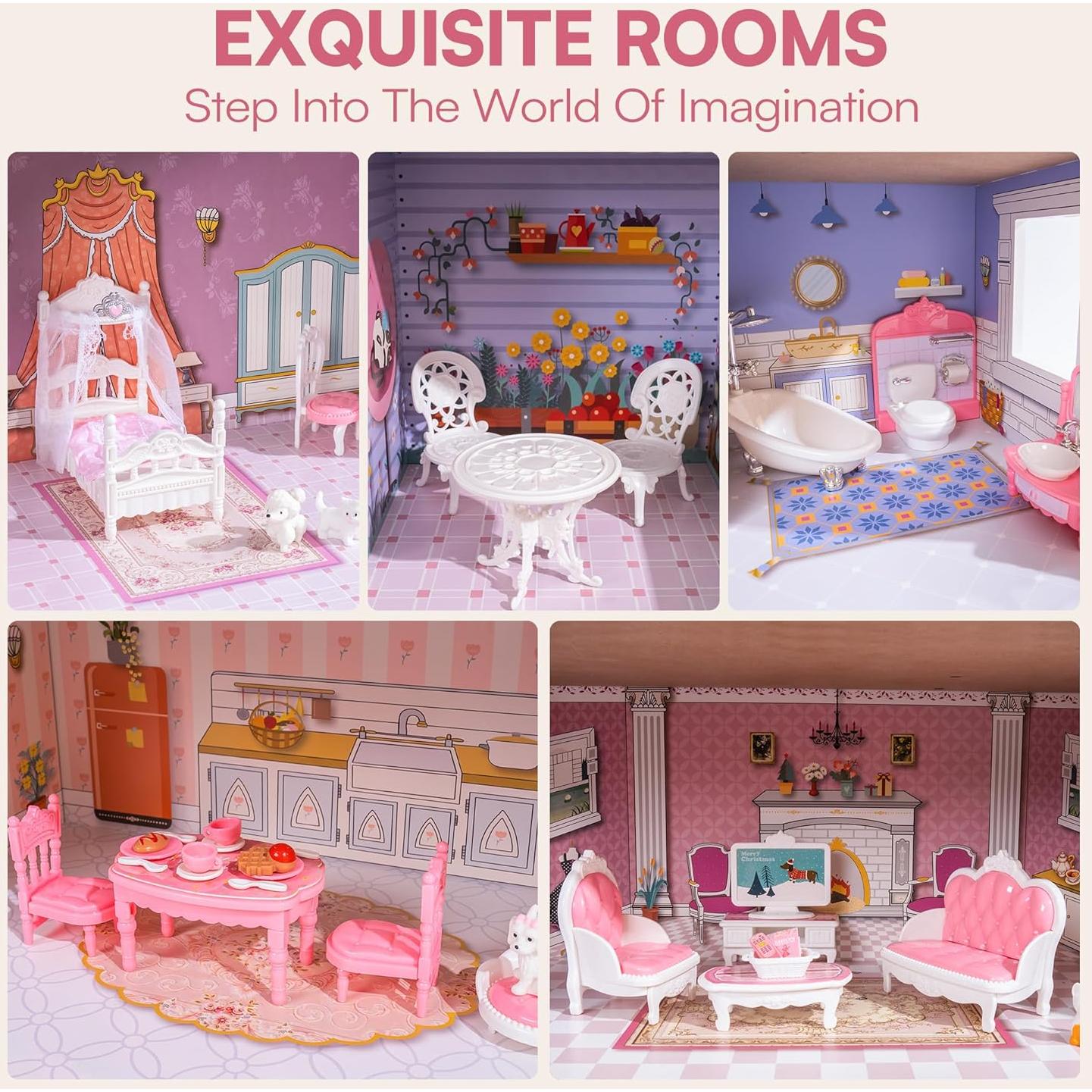 Casa de Muñecas de Madera ROBUD 3 Pisos 5 Habitaciones 24 Muebles