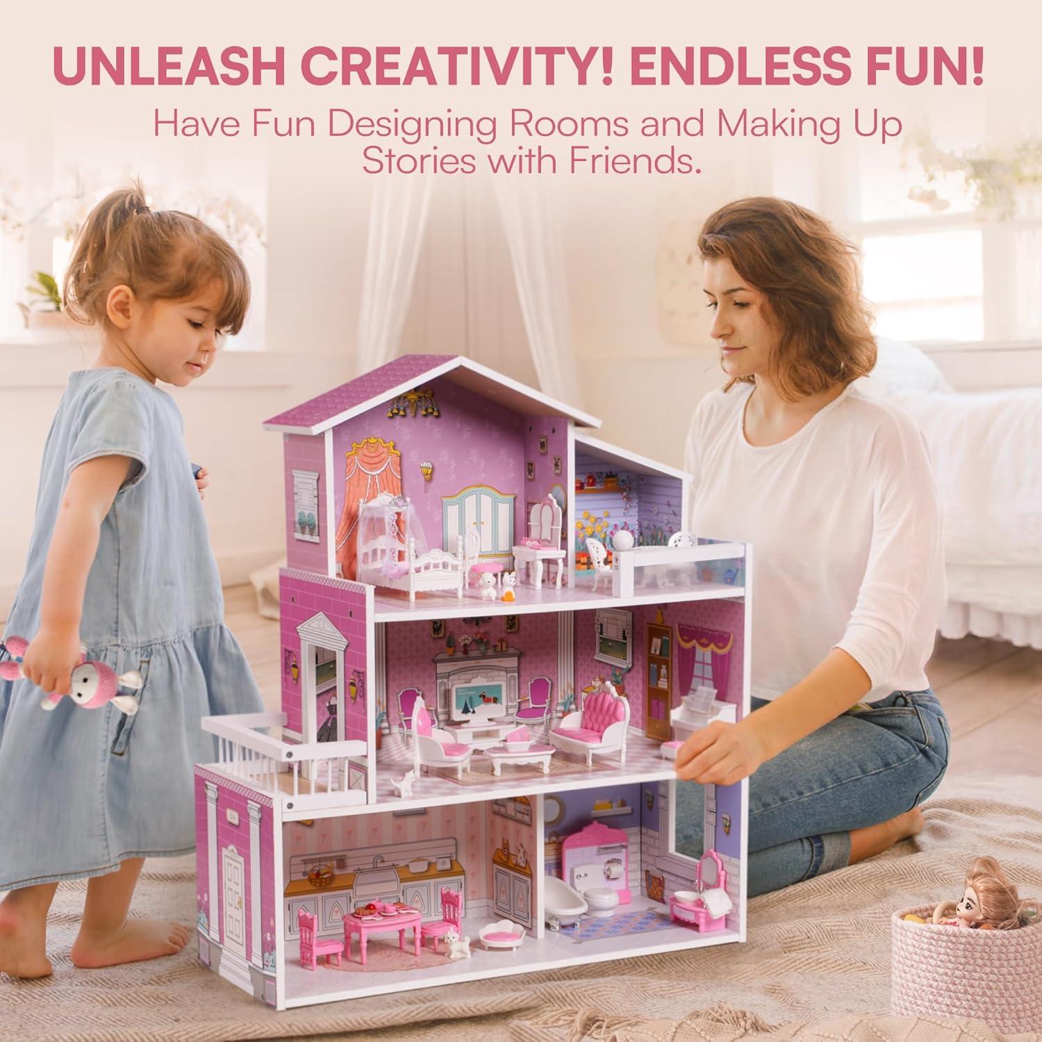 Casa de Muñecas de Madera ROBUD 3 Pisos 5 Habitaciones 24 Muebles