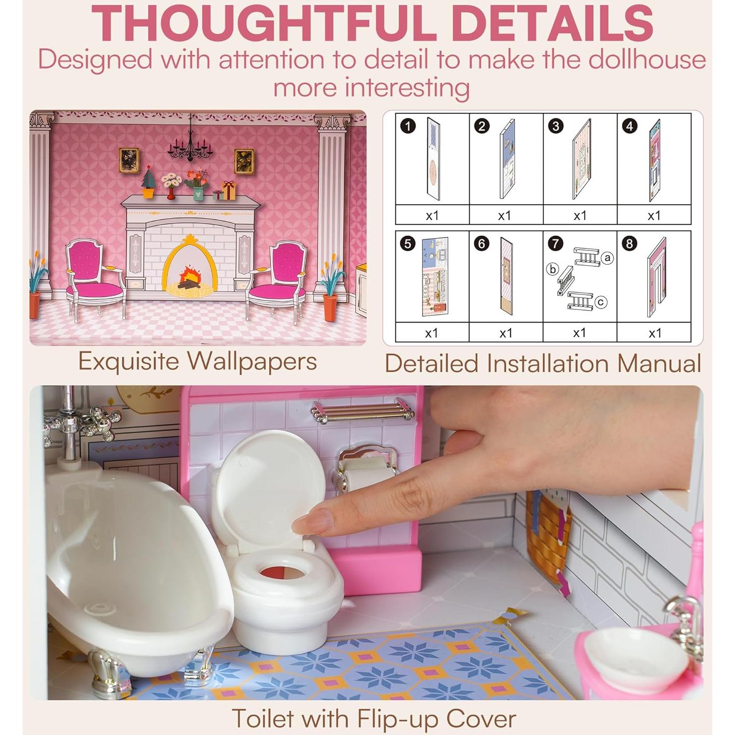 Casa de Muñecas de Madera ROBUD 3 Pisos 5 Habitaciones 24 Muebles