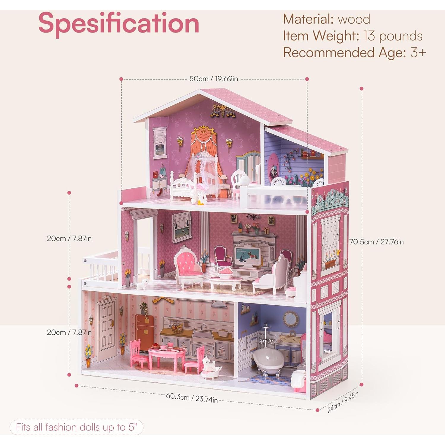 Casa de Muñecas de Madera ROBUD 3 Pisos 5 Habitaciones 24 Muebles
