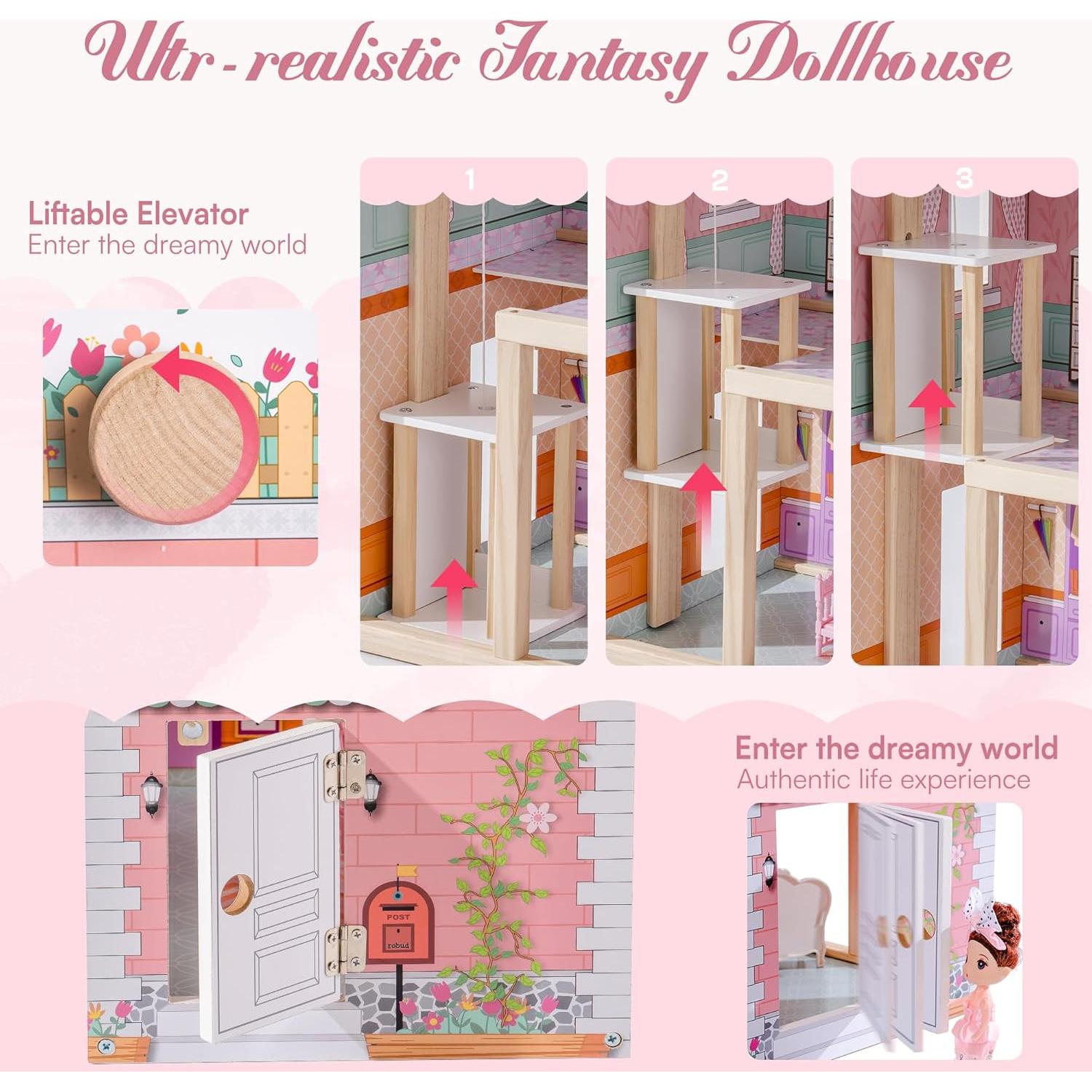 Casa de Muñecas de Madera ROBUD con 24 Accesorios Rosa