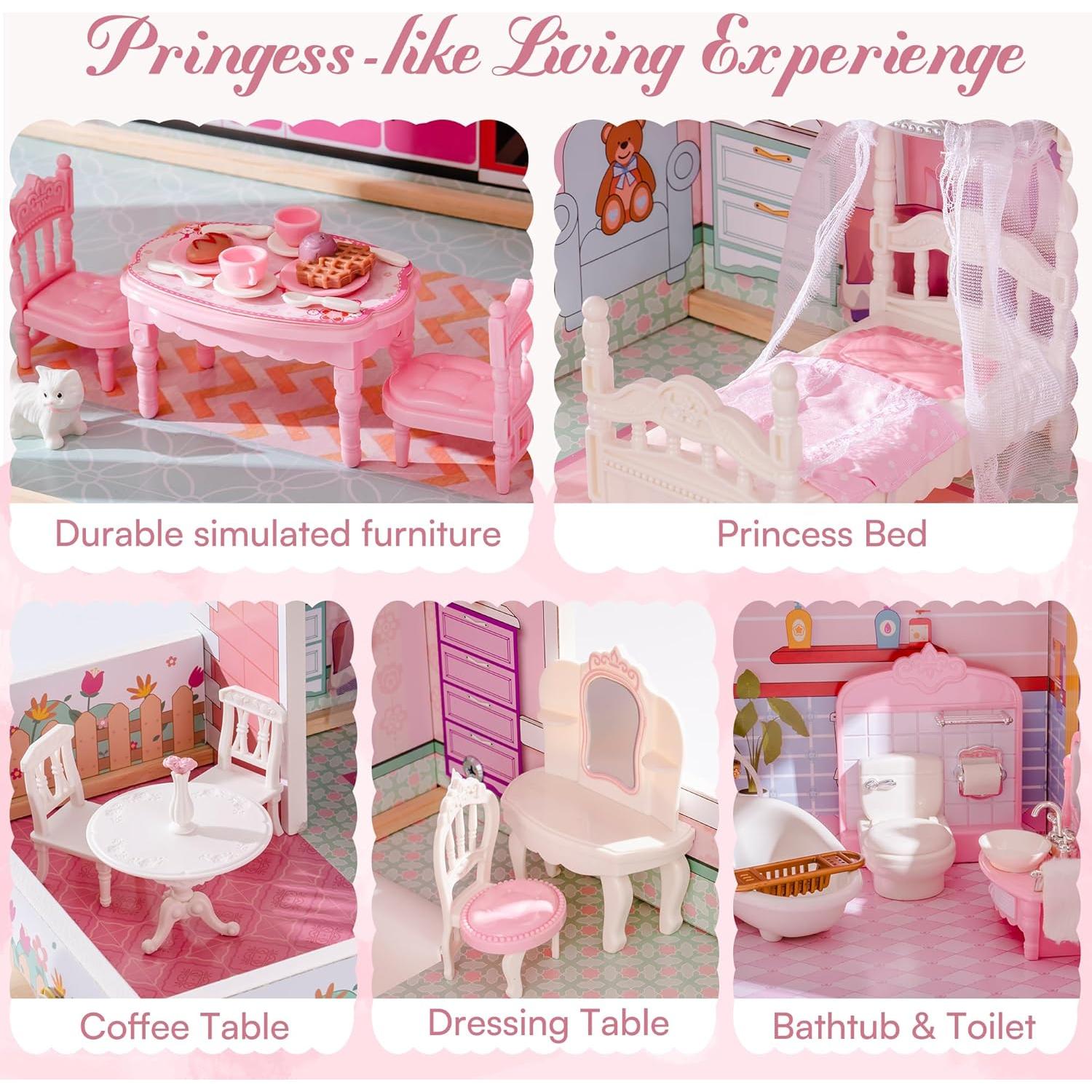 Casa de Muñecas de Madera ROBUD con 24 Accesorios Rosa