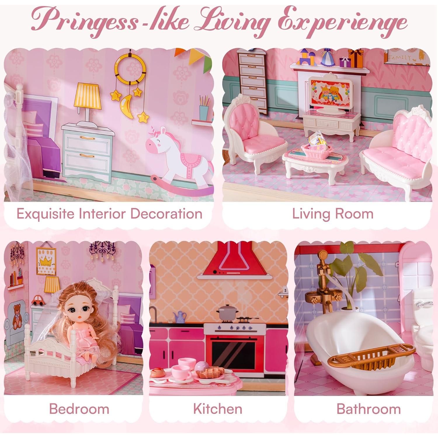Casa de Muñecas de Madera ROBUD con 24 Accesorios Rosa