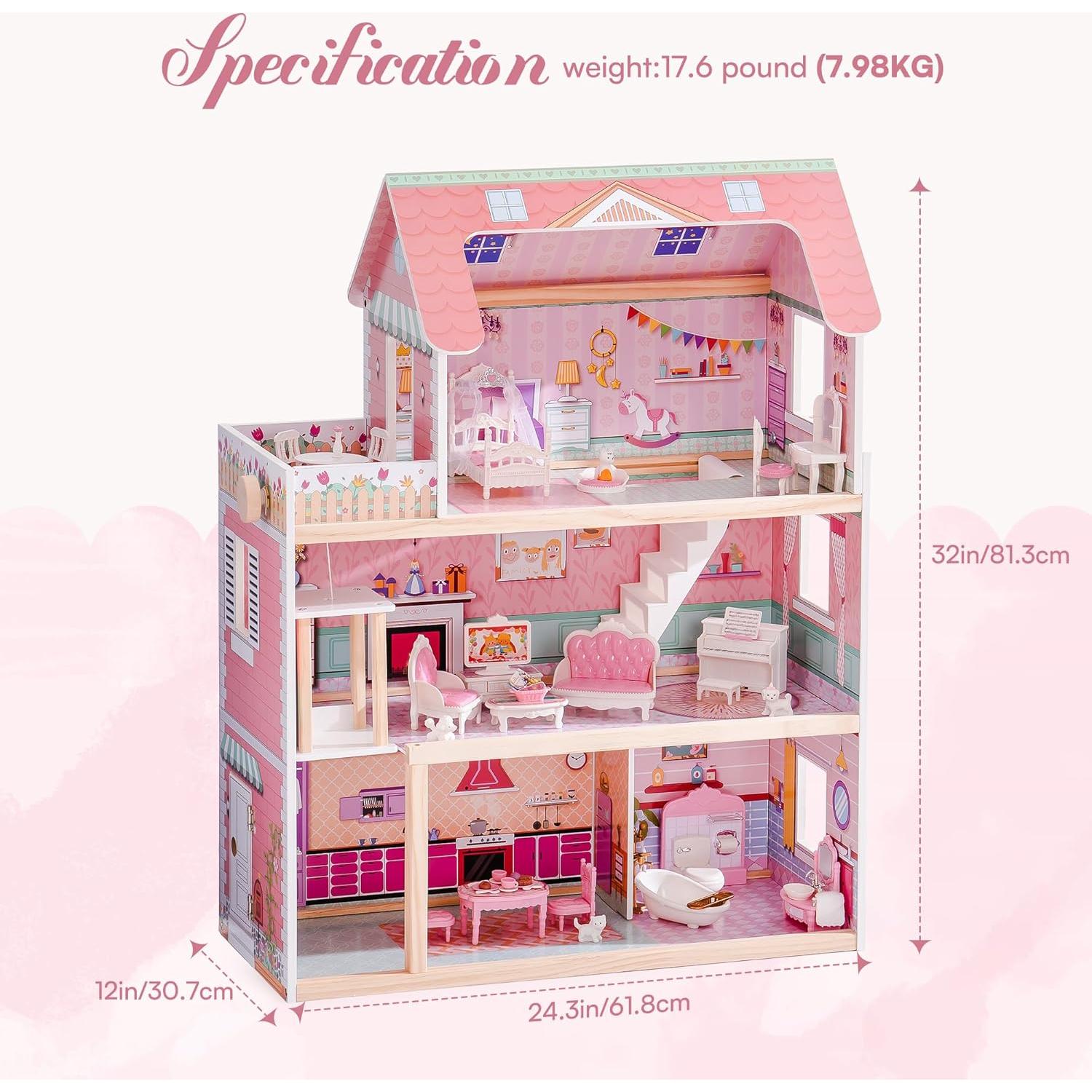 Casa de Muñecas de Madera ROBUD con 24 Accesorios Rosa