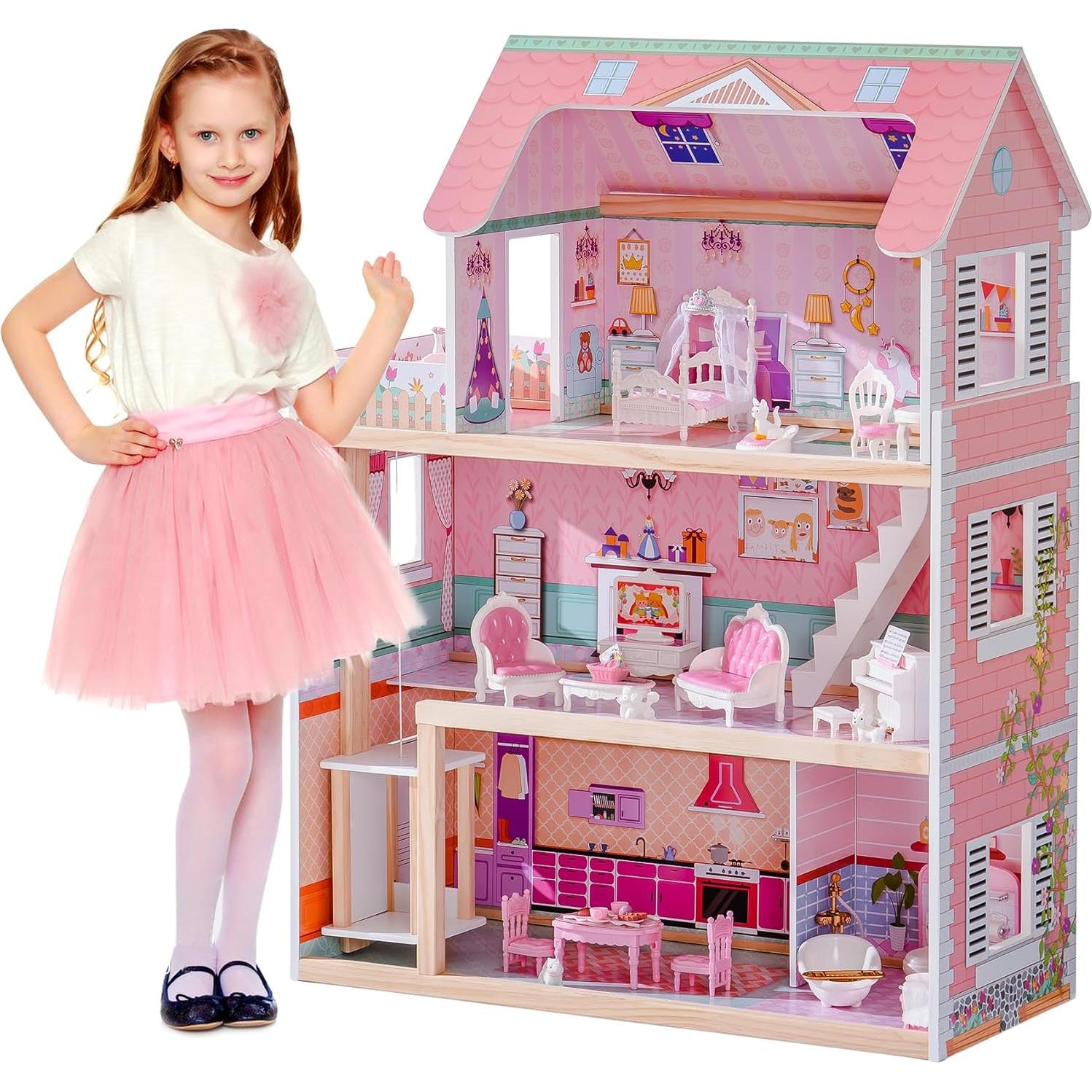 Casa de Muñecas de Madera ROBUD con 24 Accesorios Rosa