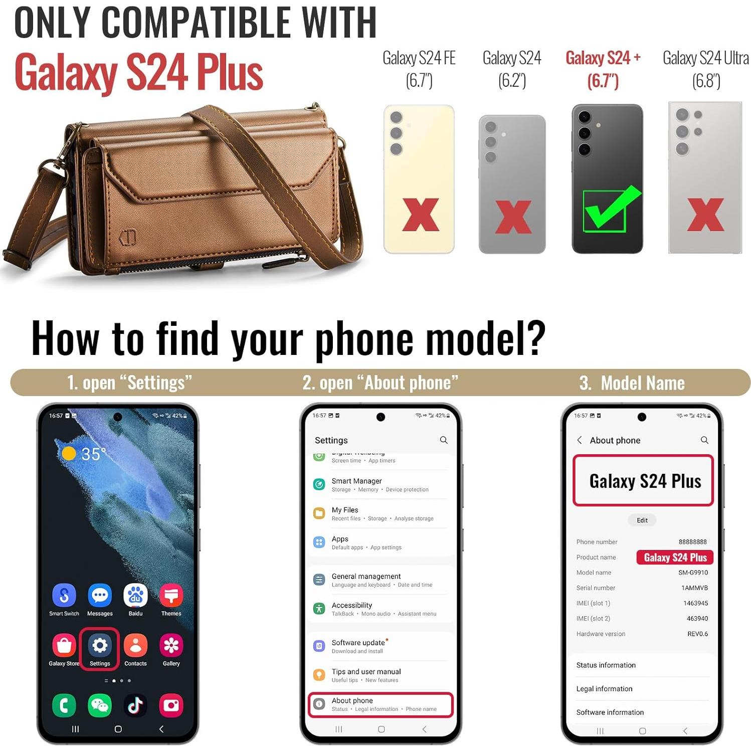 Funda de Cartera Cruzada Strapurs para Galaxy S24 Plus - Marrón