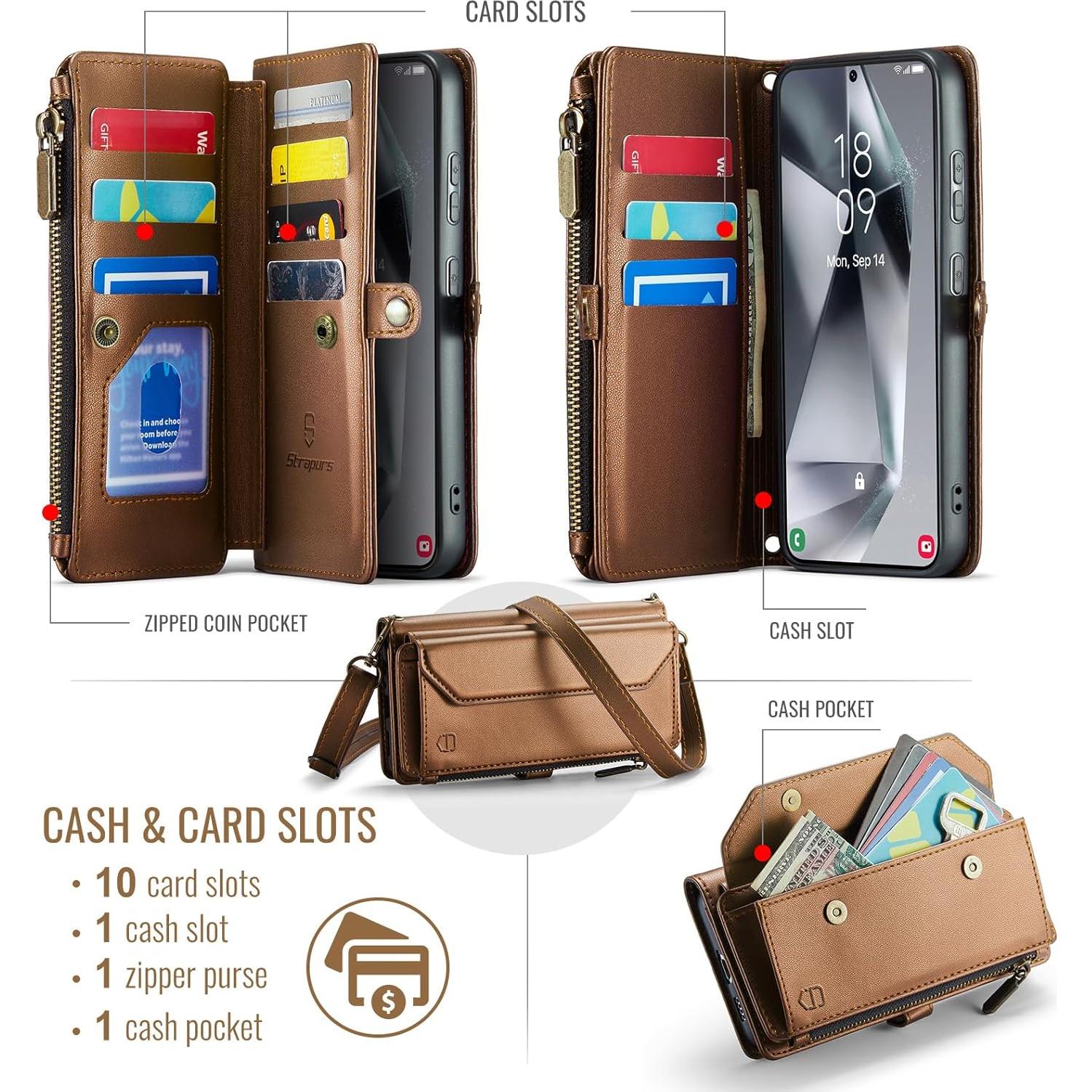 Funda de Cartera Cruzada Strapurs para Galaxy S24 Plus - Marrón