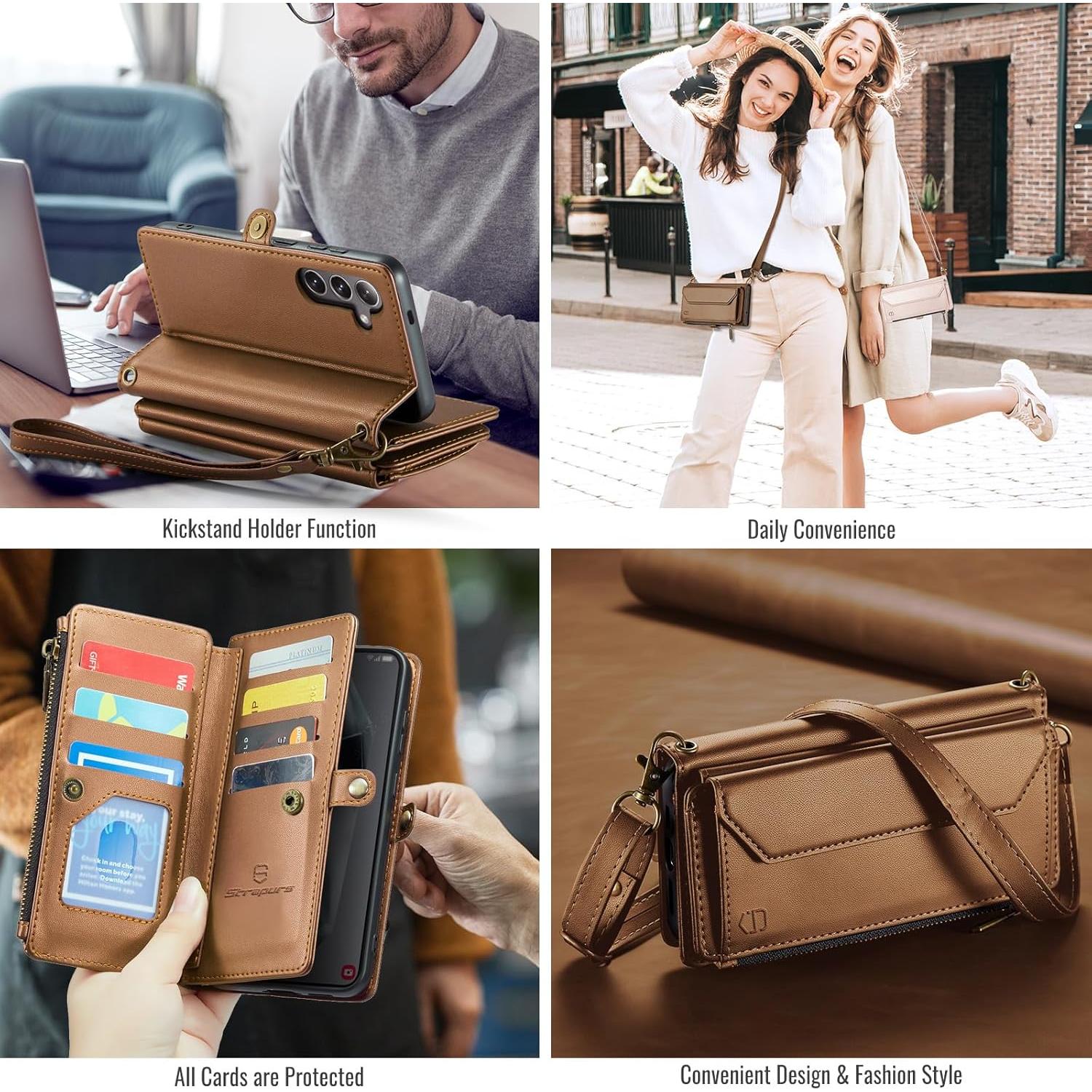 Funda de Cartera Cruzada Strapurs para Galaxy S24 Plus - Marrón
