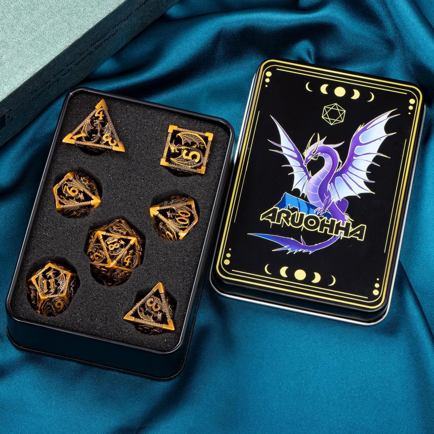 Juego de Dados de Metal ARUOHHA 7PCS Poliedricos Oro Antiguo