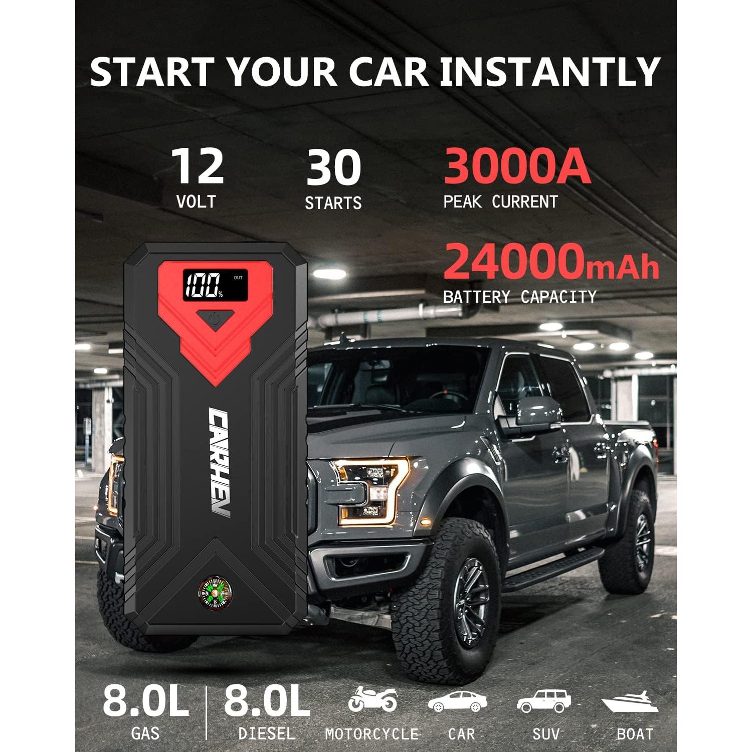 Arrancador de Batería CARHEV JS-01 3000A 24000mAh LED USB