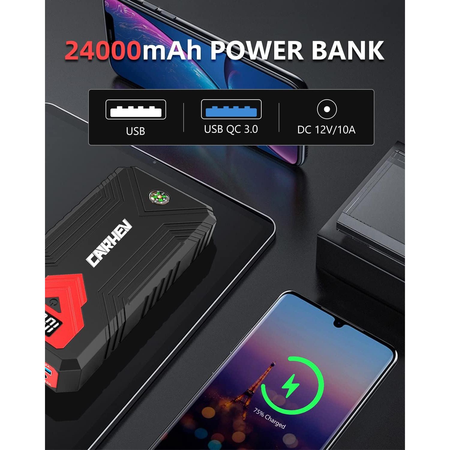 Arrancador de Batería CARHEV JS-01 3000A 24000mAh LED USB