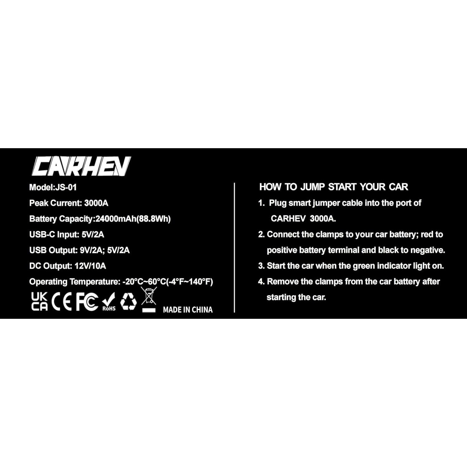 Arrancador de Batería CARHEV JS-01 3000A 24000mAh LED USB