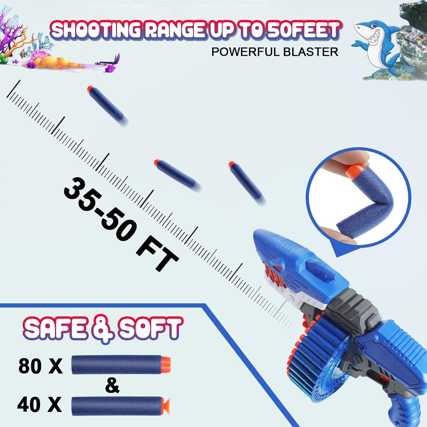 Soft Bullet Toy Gun for Boys, Toy Foam Blasters & Guns with 120 Soft Bullets, 40-Dart Rotating Drum, Foam Dart Gun Shooting Games, Shark Toys Birthday for Kids, Teens Adults 6+