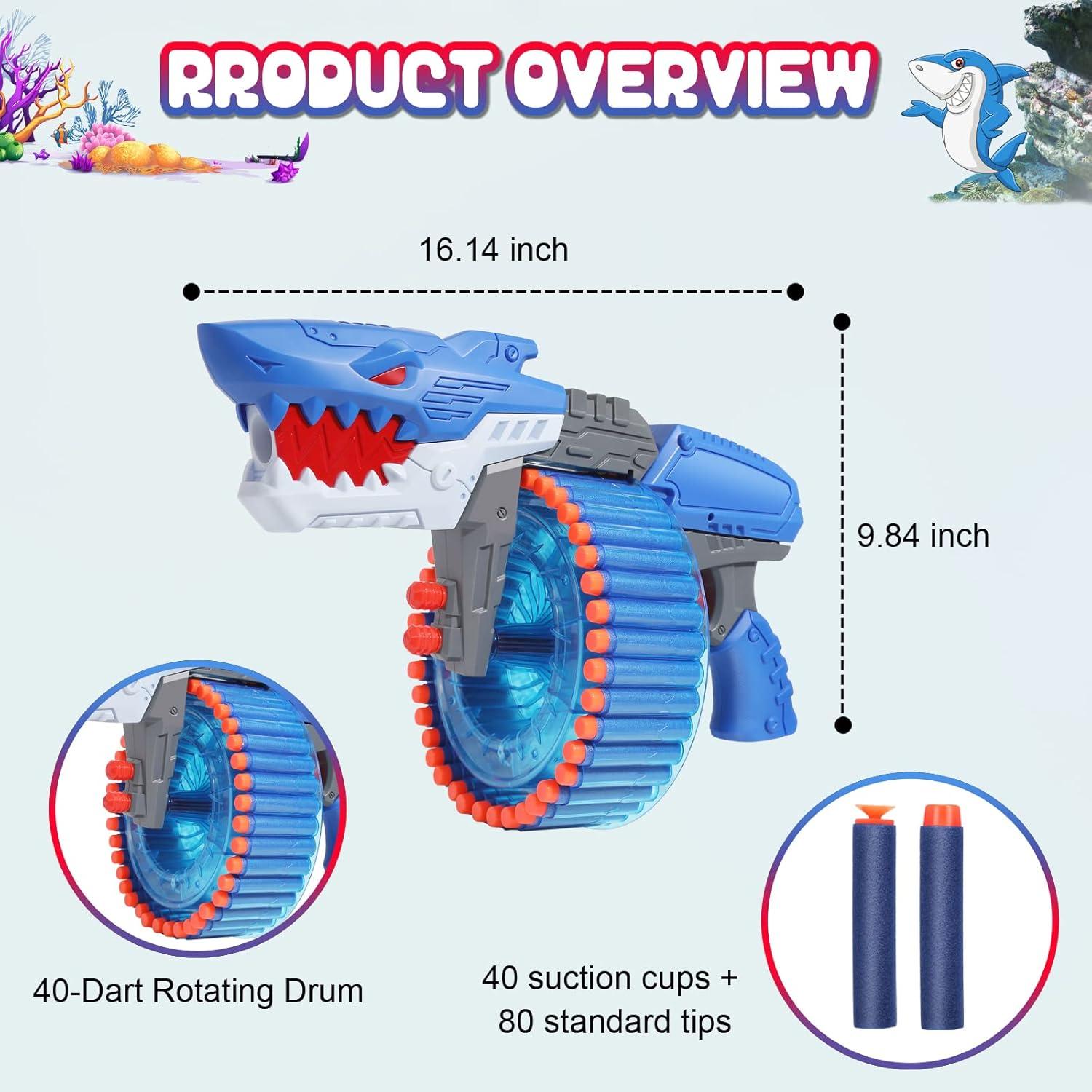 Soft Bullet Toy Gun for Boys, Toy Foam Blasters & Guns with 120 Soft Bullets, 40-Dart Rotating Drum, Foam Dart Gun Shooting Games, Shark Toys Birthday for Kids, Teens Adults 6+