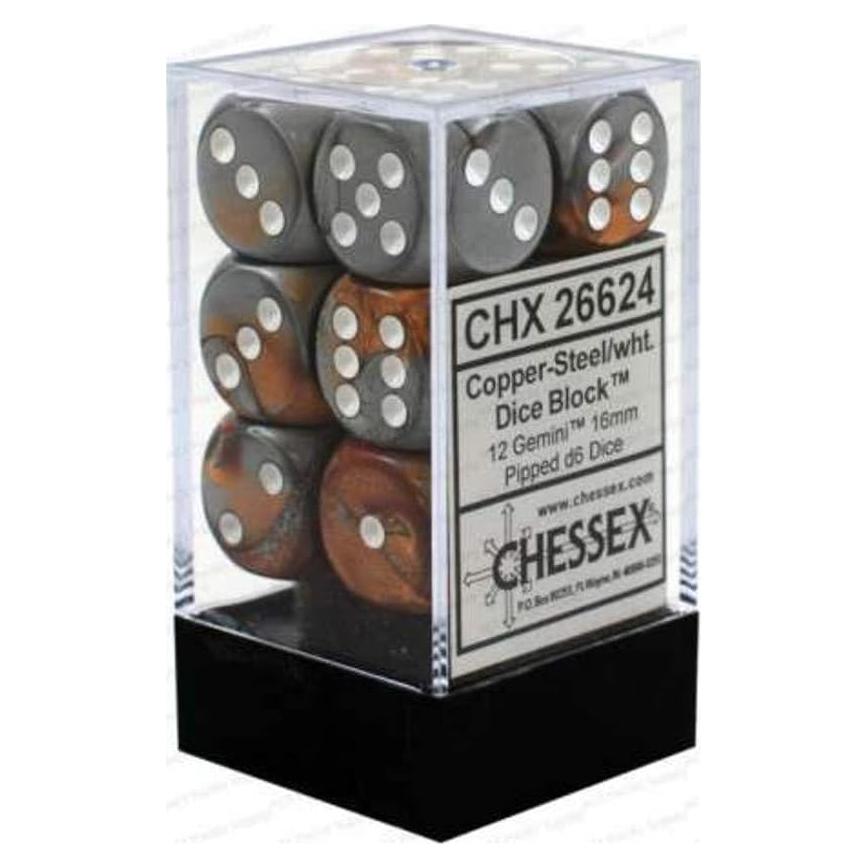 Juego de Dados D&D Chessex 12 D6 16mm Cobre y Blanco