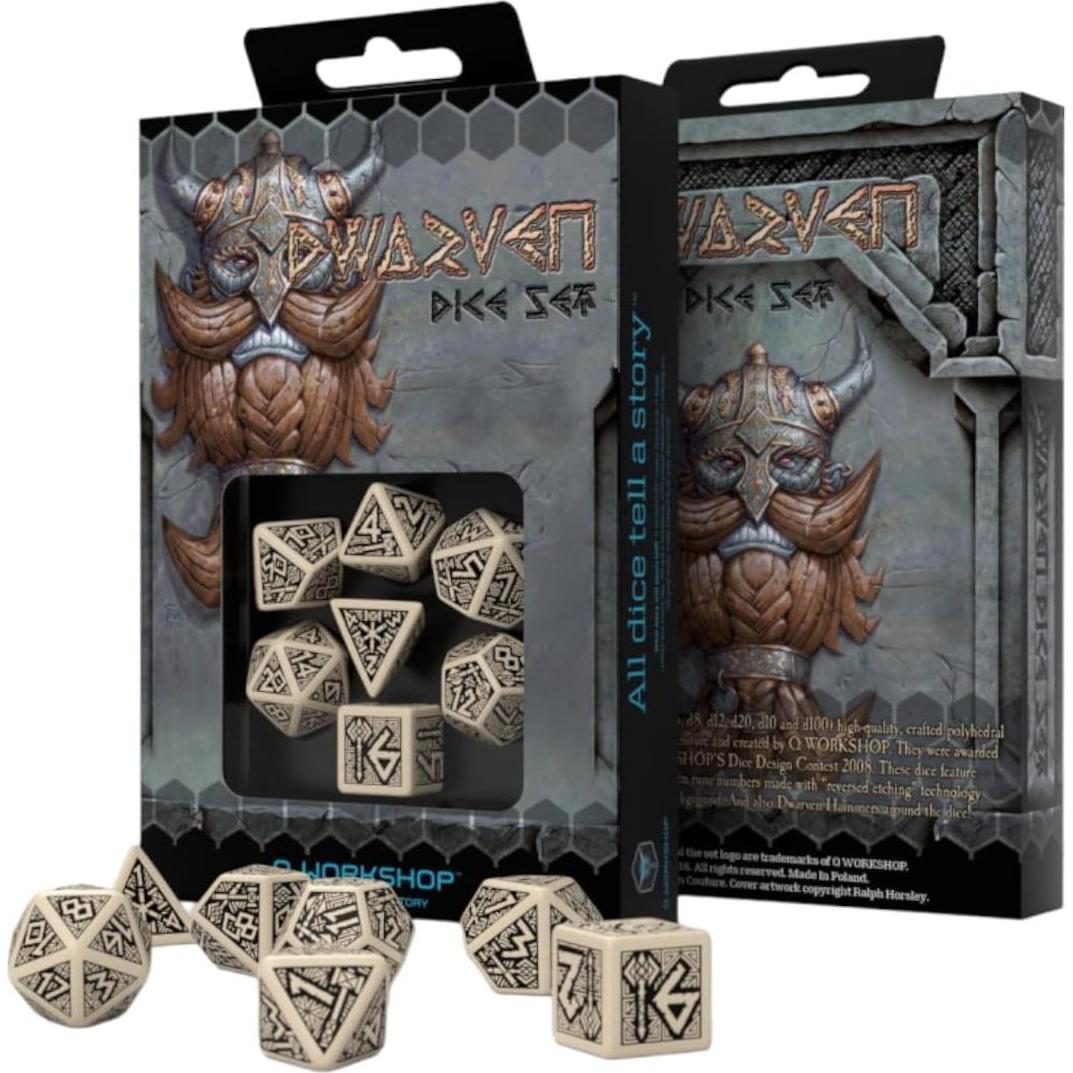 Set de Dados RPG Q-Workshop Beige y Negro 7 Piezas