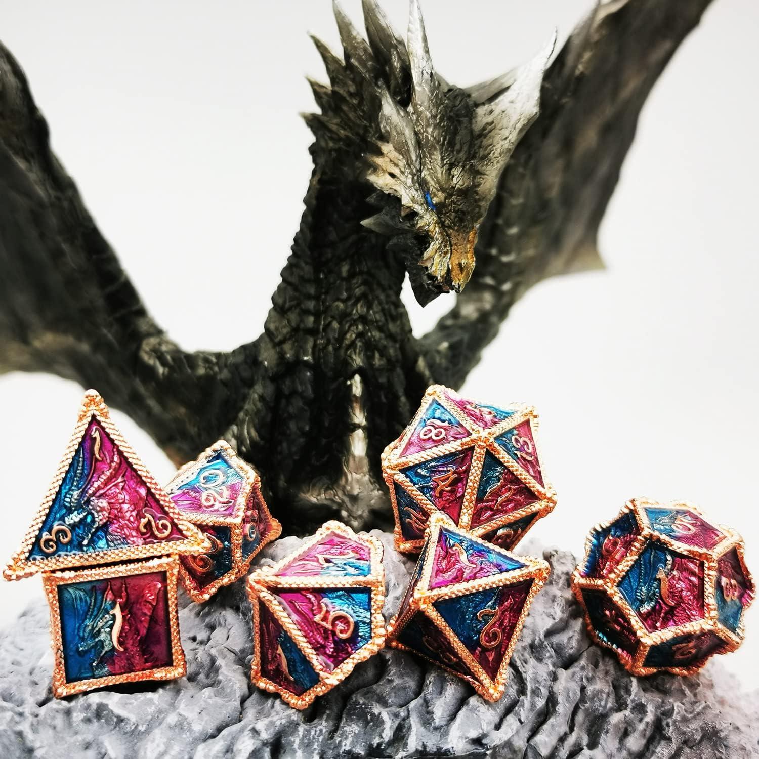 Dados de Metal HAOMEJA Dragón 7 Piezas D&D Temáticos