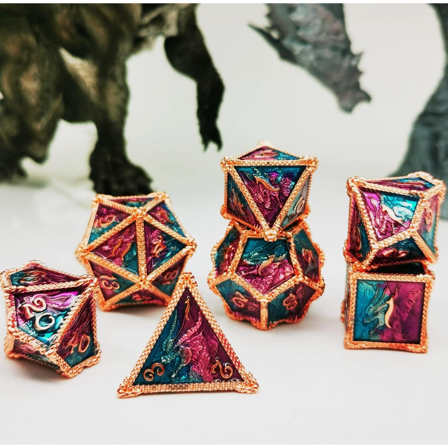 Dados de Metal HAOMEJA Dragón 7 Piezas D&D Temáticos