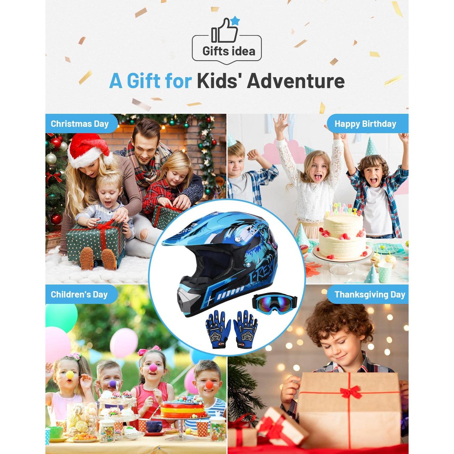 Casco de motocross Oumurs Dino Azul para niños 5-14 años