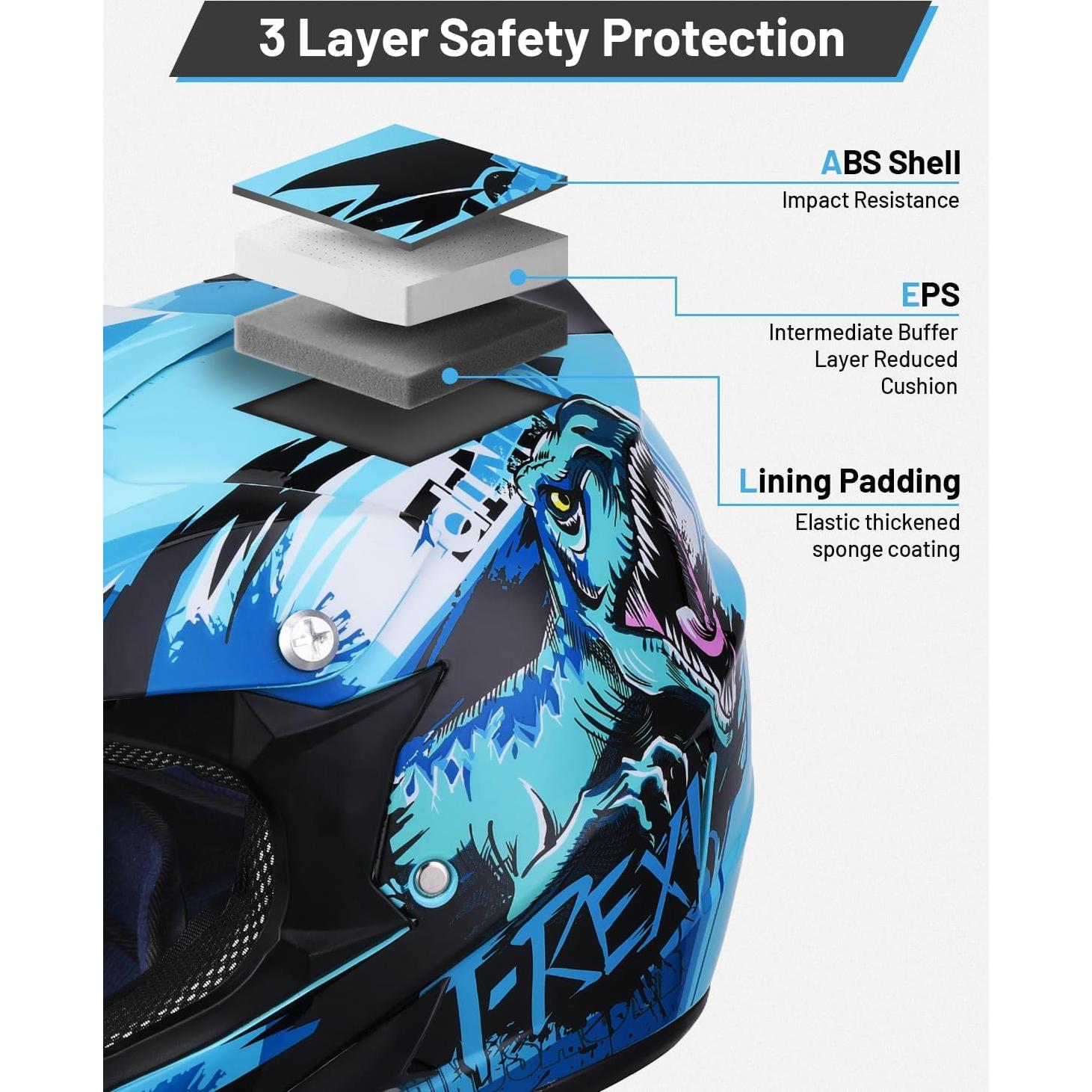 Casco de motocross Oumurs Dino Azul para niños 5-14 años