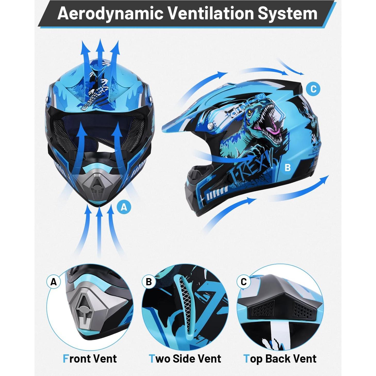 Casco de motocross Oumurs Dino Azul para niños 5-14 años