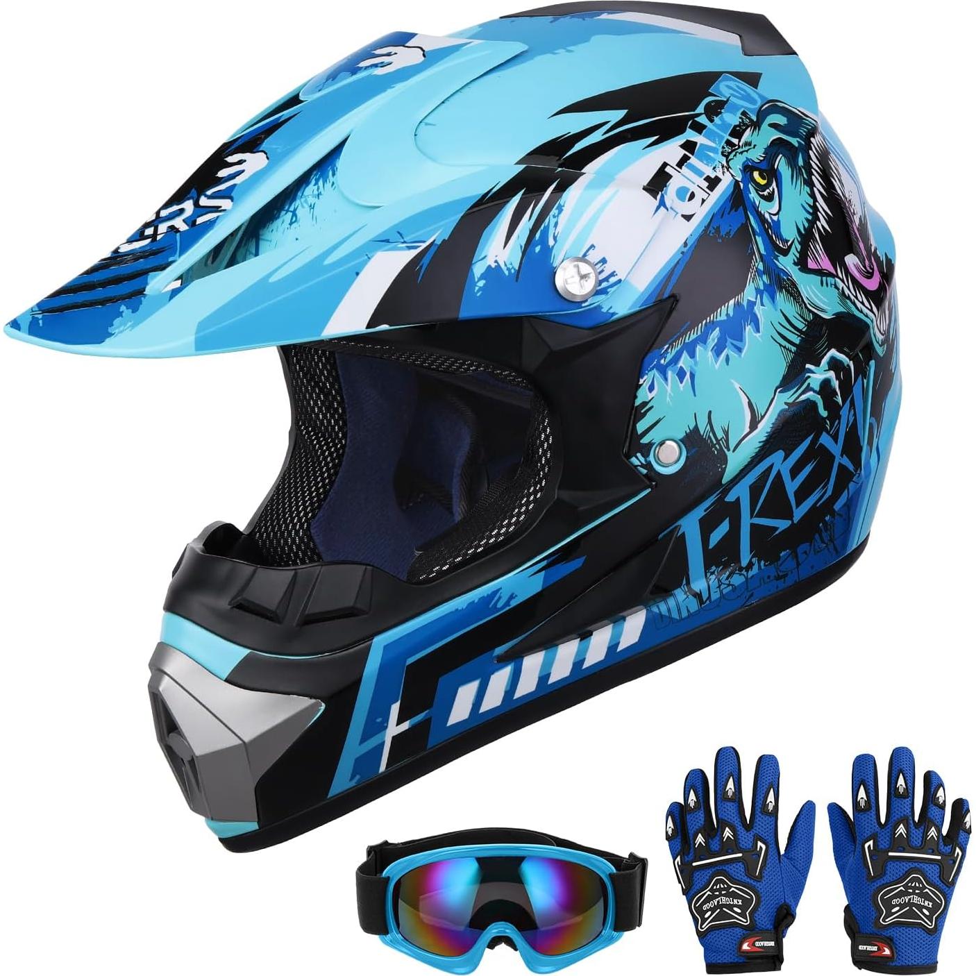 Casco de motocross Oumurs Dino Azul para niños 5-14 años