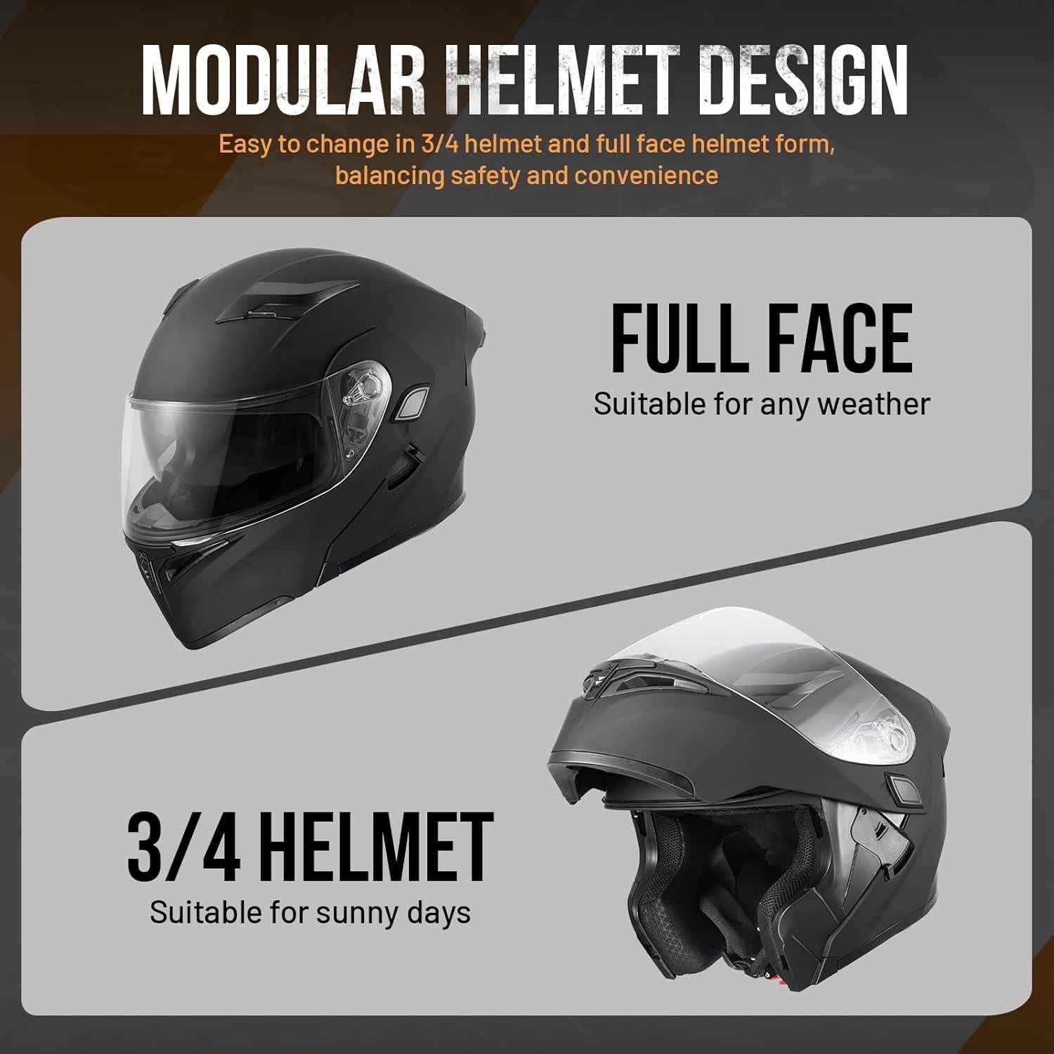 DOT Modular Motorcycle Full Face Helmet Flip-Up Dual Visor, Lightweight & DOT Approved, Matte Black
