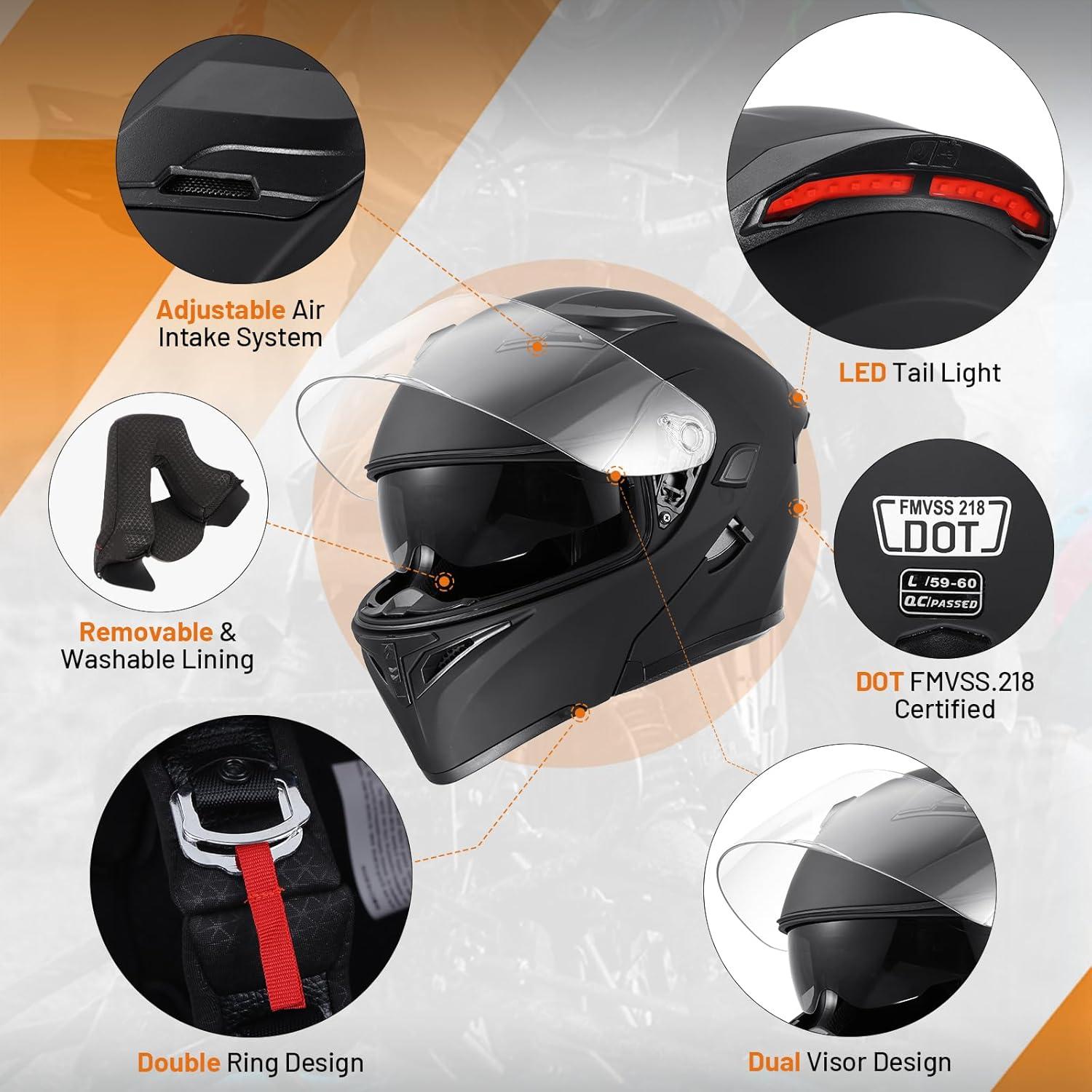 DOT Modular Motorcycle Full Face Helmet Flip-Up Dual Visor, Lightweight & DOT Approved, Matte Black