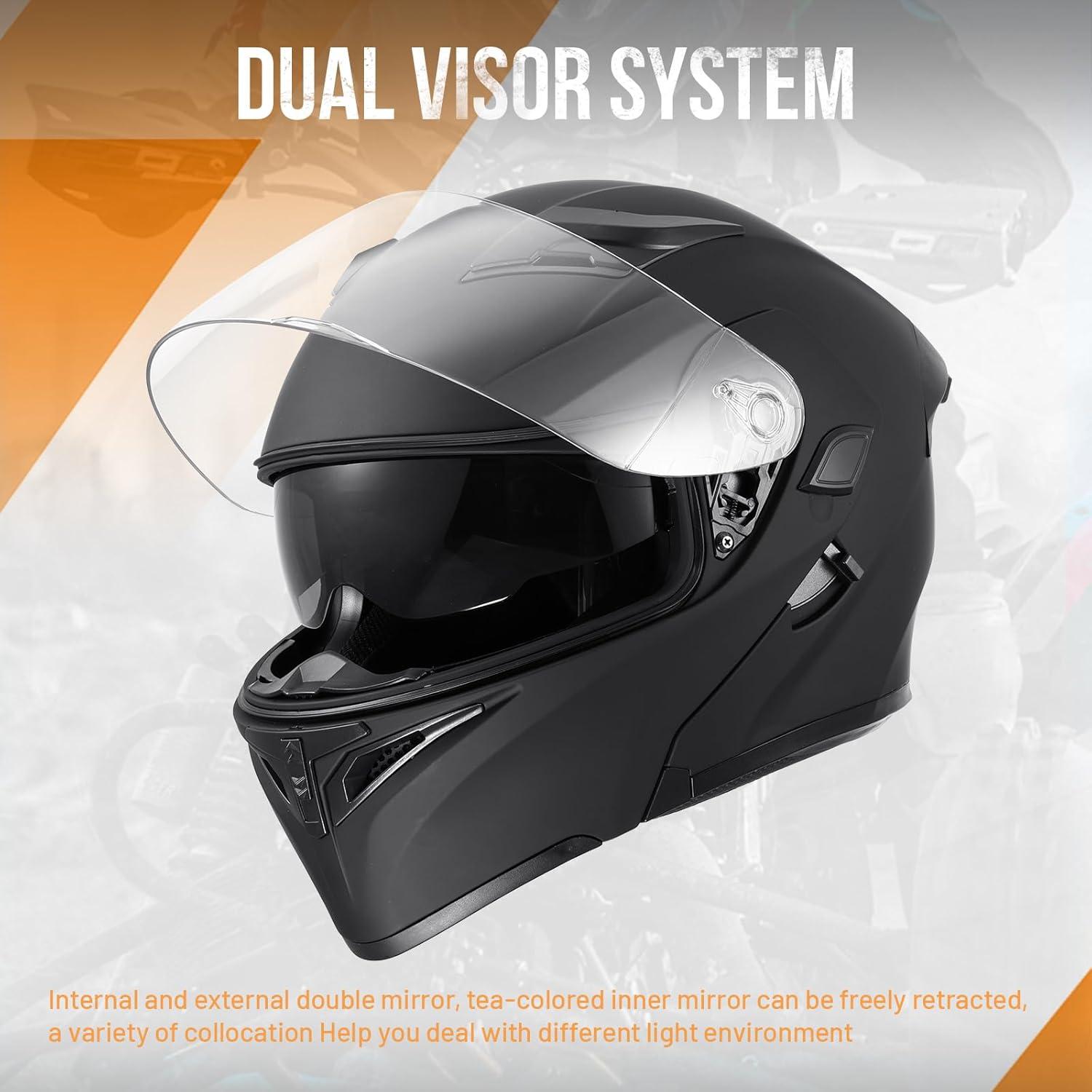 DOT Modular Motorcycle Full Face Helmet Flip-Up Dual Visor, Lightweight & DOT Approved, Matte Black