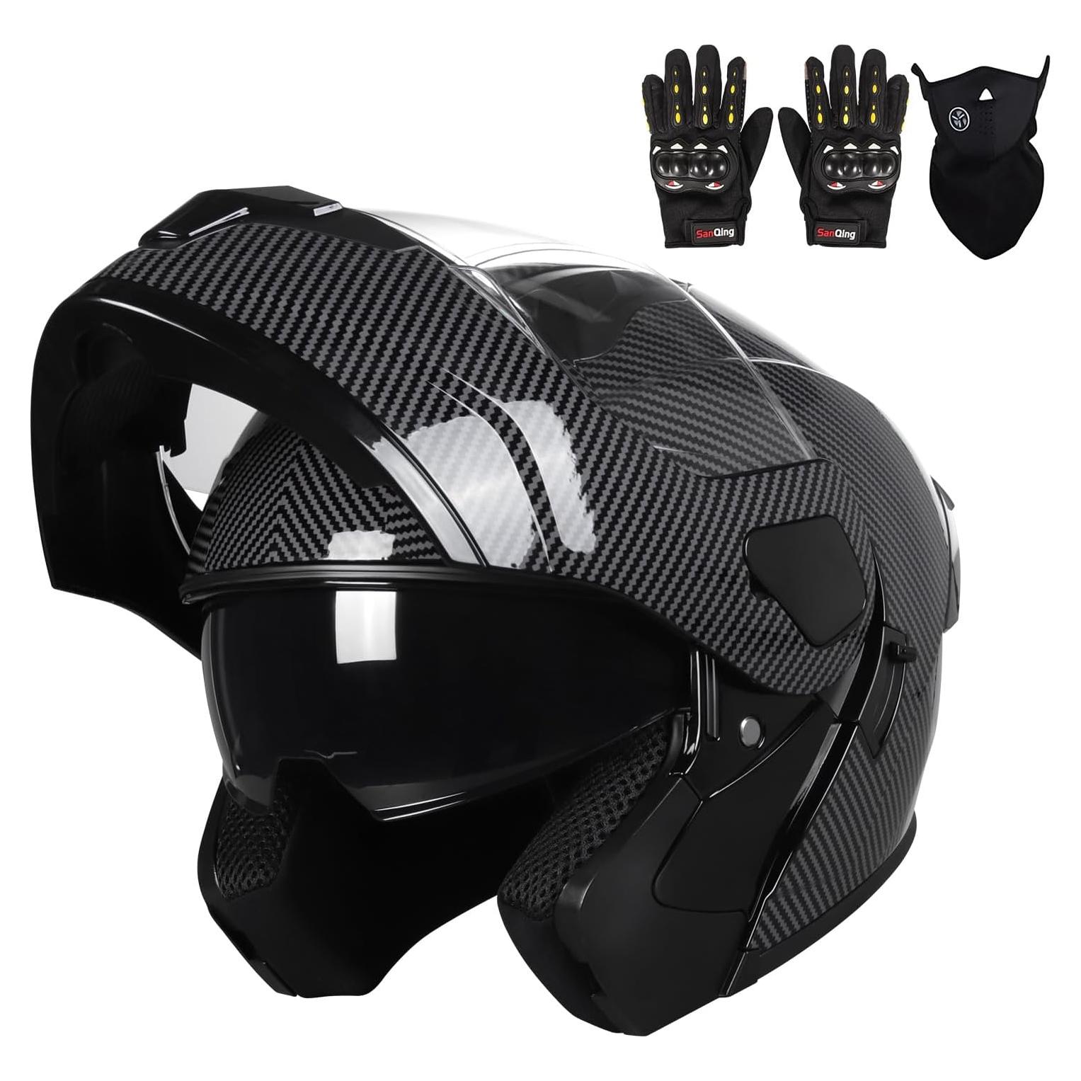 Motorcycle Full Face Helmet Adult Dirt Bike Helmets ATV Motocross Men Women Off-Road Mountain Bike Helmet DOT Approved Street Bike Helmet with Gloves & Mask