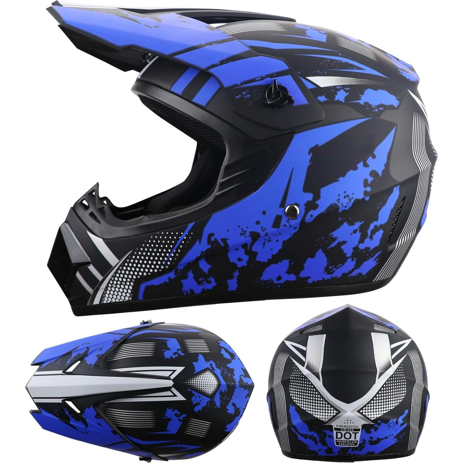 Motorcycle Dirt Bike Helmet Full Face Motocross Helmets for Outdoor Sports Off Road Racing Mountain Bike Men Women Off-Road Helmet Gloves Goggles for Adult Youth DOT/FMVSS 218 Approve