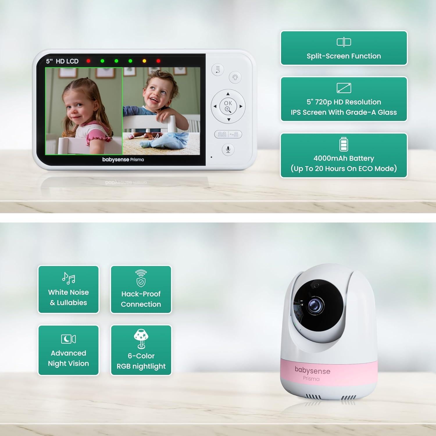 Monitor de Bebé Babysense Prisma 2 Cámaras HD 5" Luz Nocturna