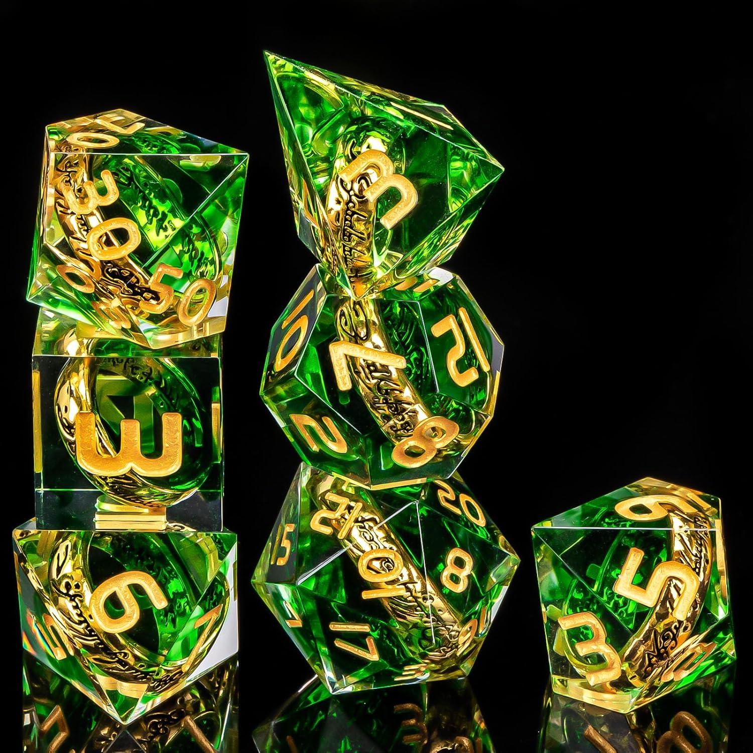 Conjunto de Dados OUKELANWO D&D Verde y Dorado 7Pcs
