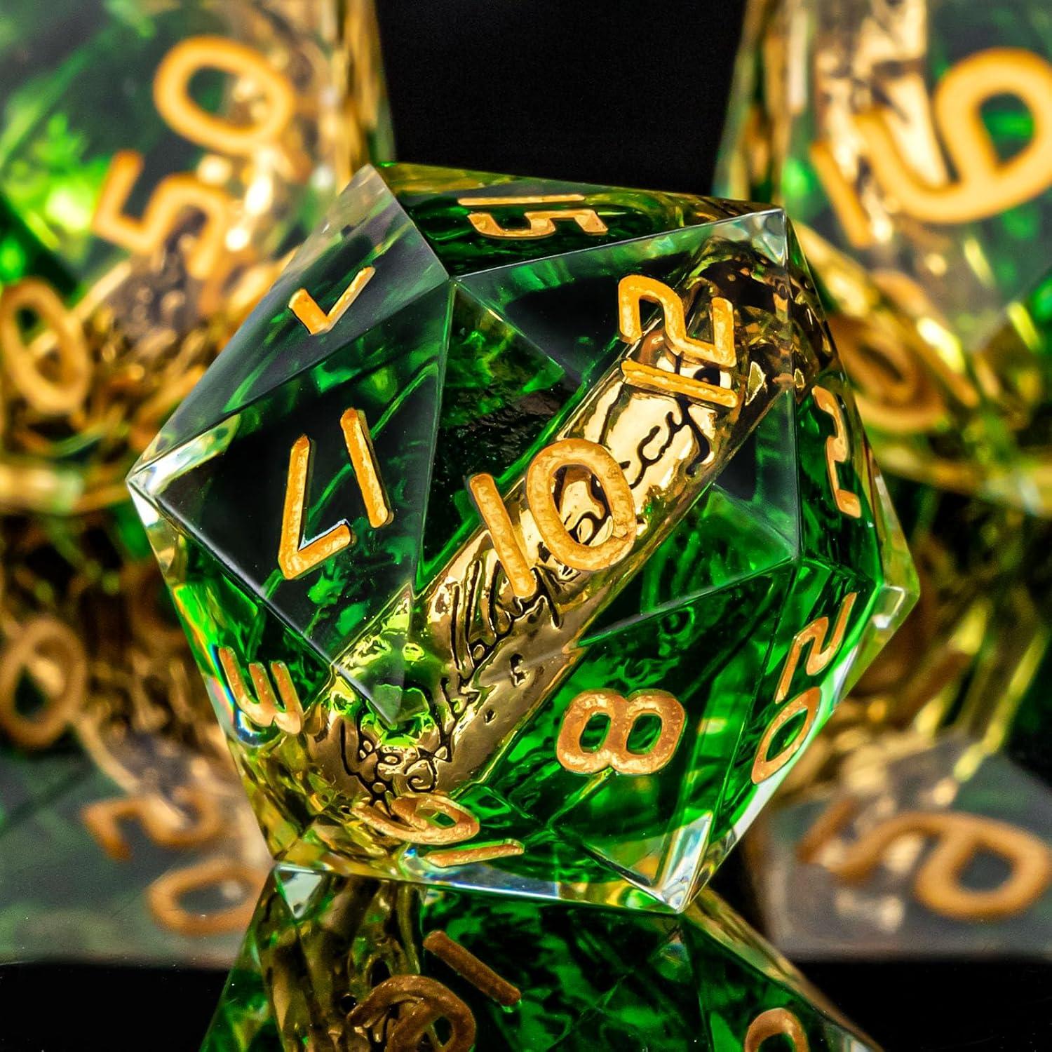 Conjunto de Dados OUKELANWO D&D Verde y Dorado 7Pcs