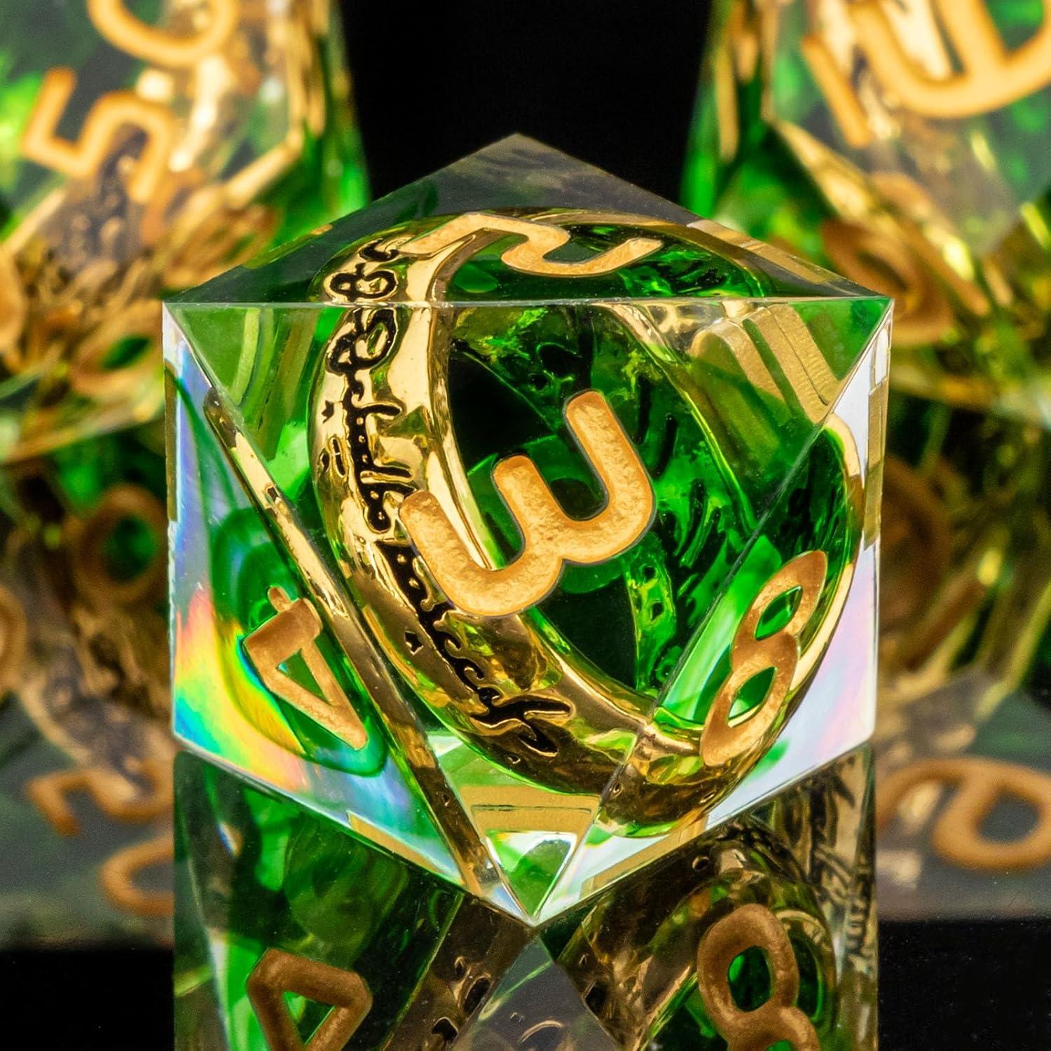 Conjunto de Dados OUKELANWO D&D Verde y Dorado 7Pcs