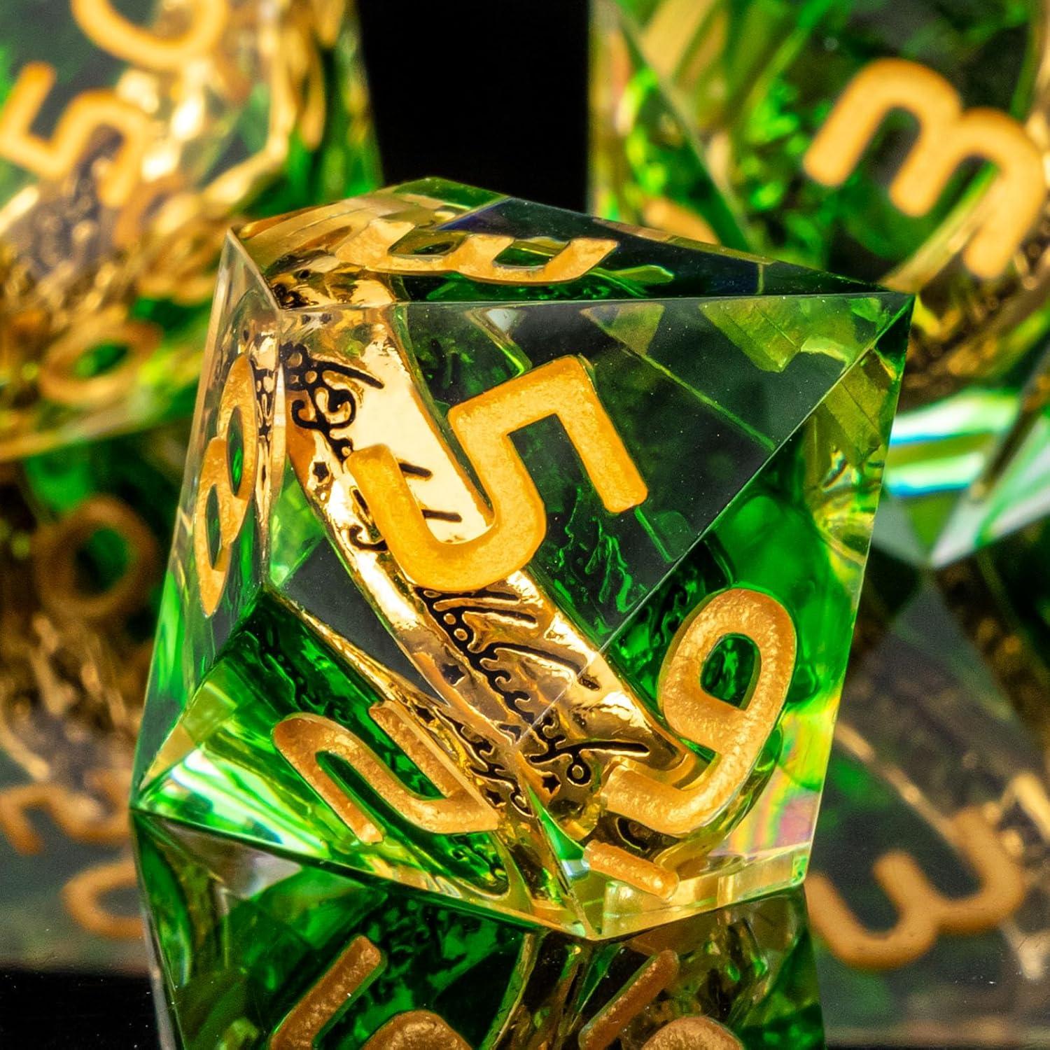 Conjunto de Dados OUKELANWO D&D Verde y Dorado 7Pcs