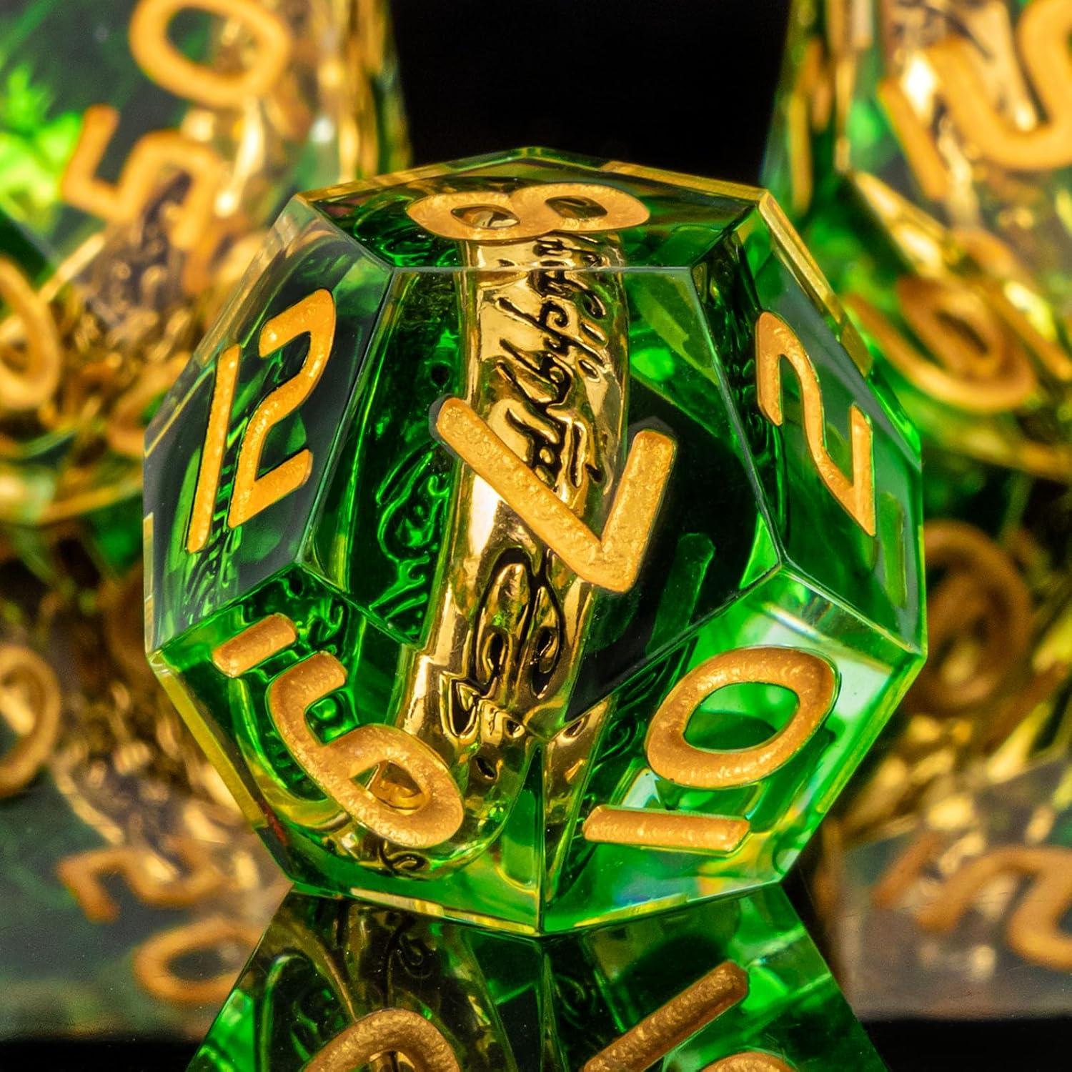Conjunto de Dados OUKELANWO D&D Verde y Dorado 7Pcs