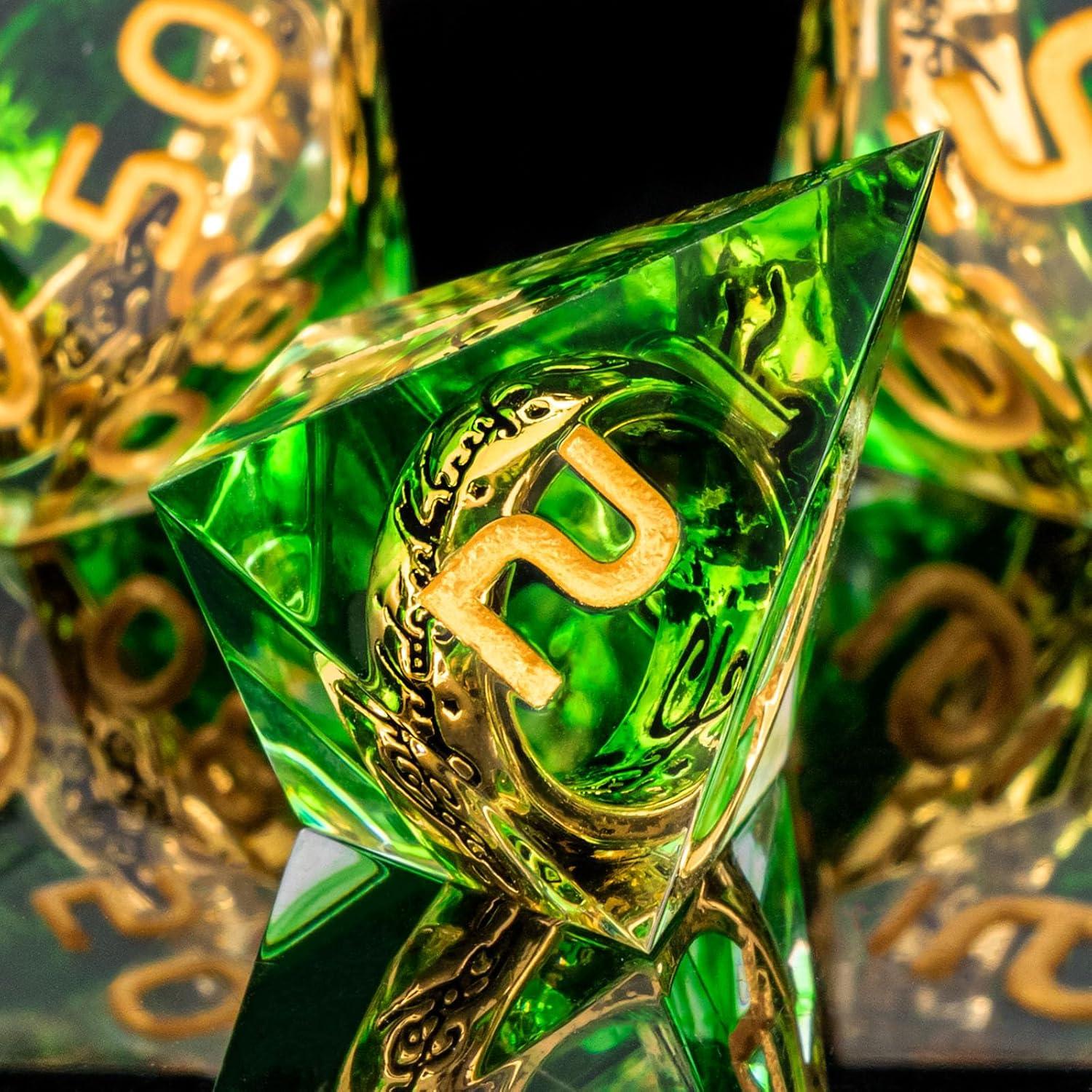 Conjunto de Dados OUKELANWO D&D Verde y Dorado 7Pcs