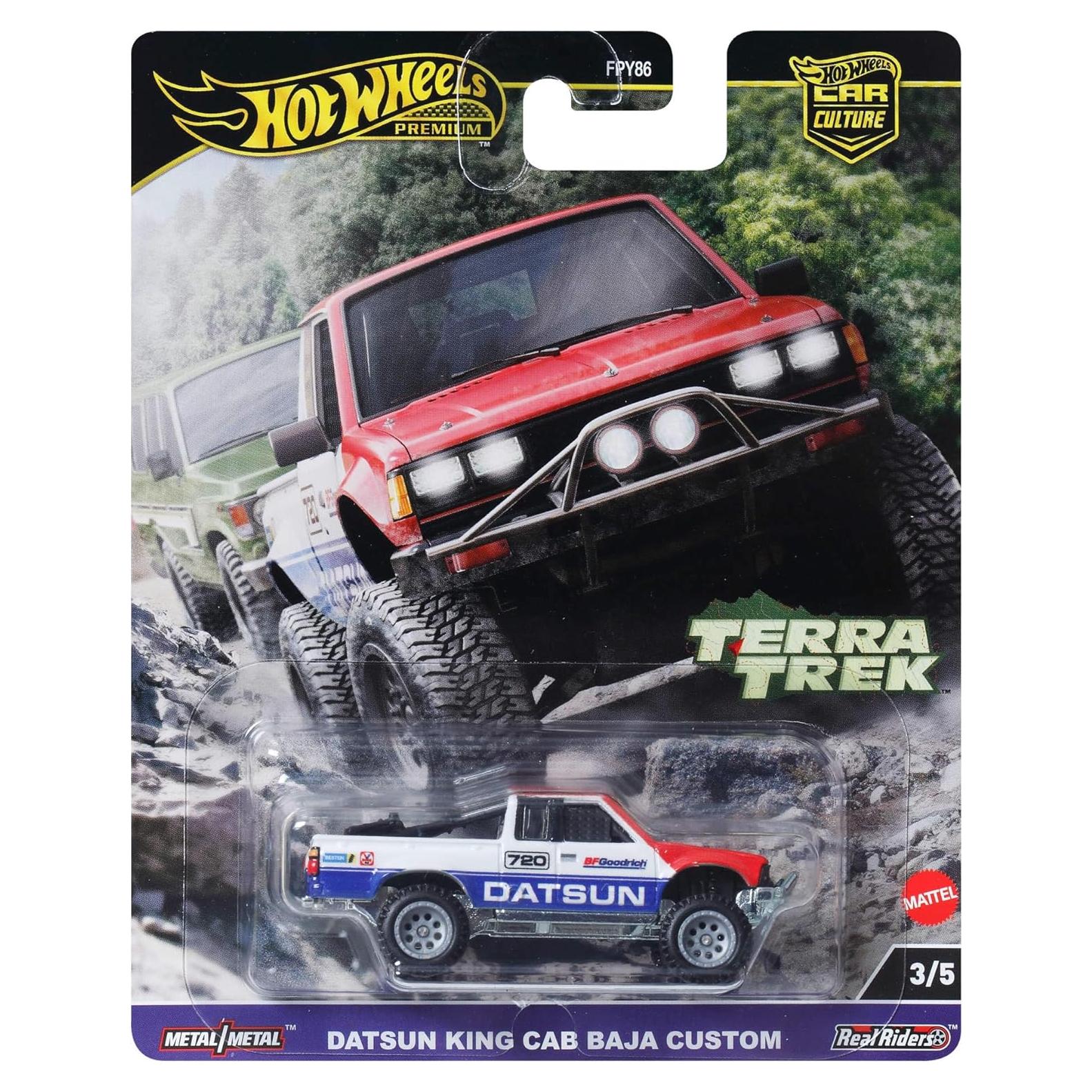 Premium Car Culture Collectible Toy Car, 1:64 Scale Die-Cast Datsun King Cab Baja Custom, Terra Trek Vehicle with Real Riders Tires