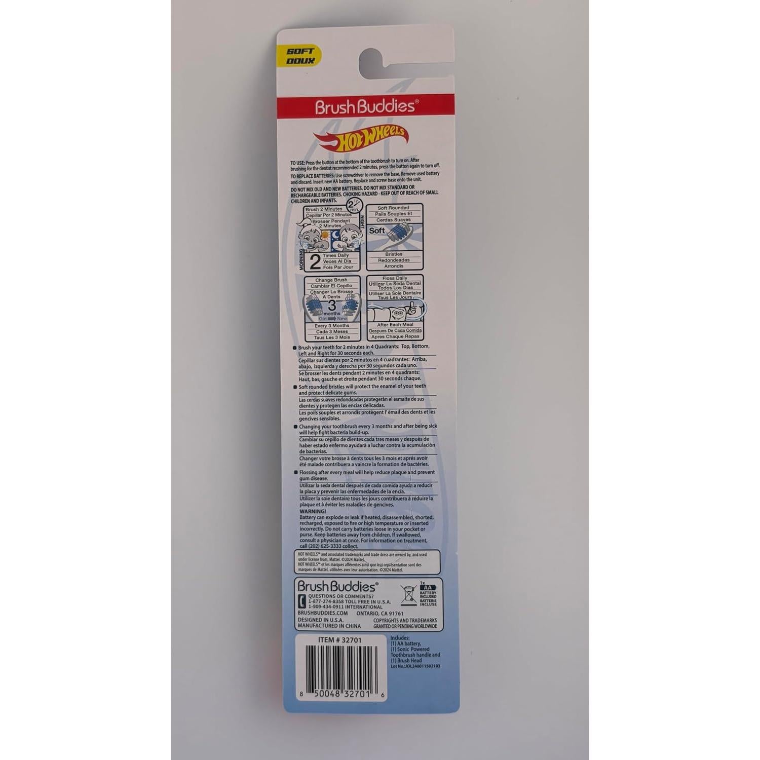 Cepillo de dientes eléctrico Brush Buddies Hot Wheels, cerdas suaves