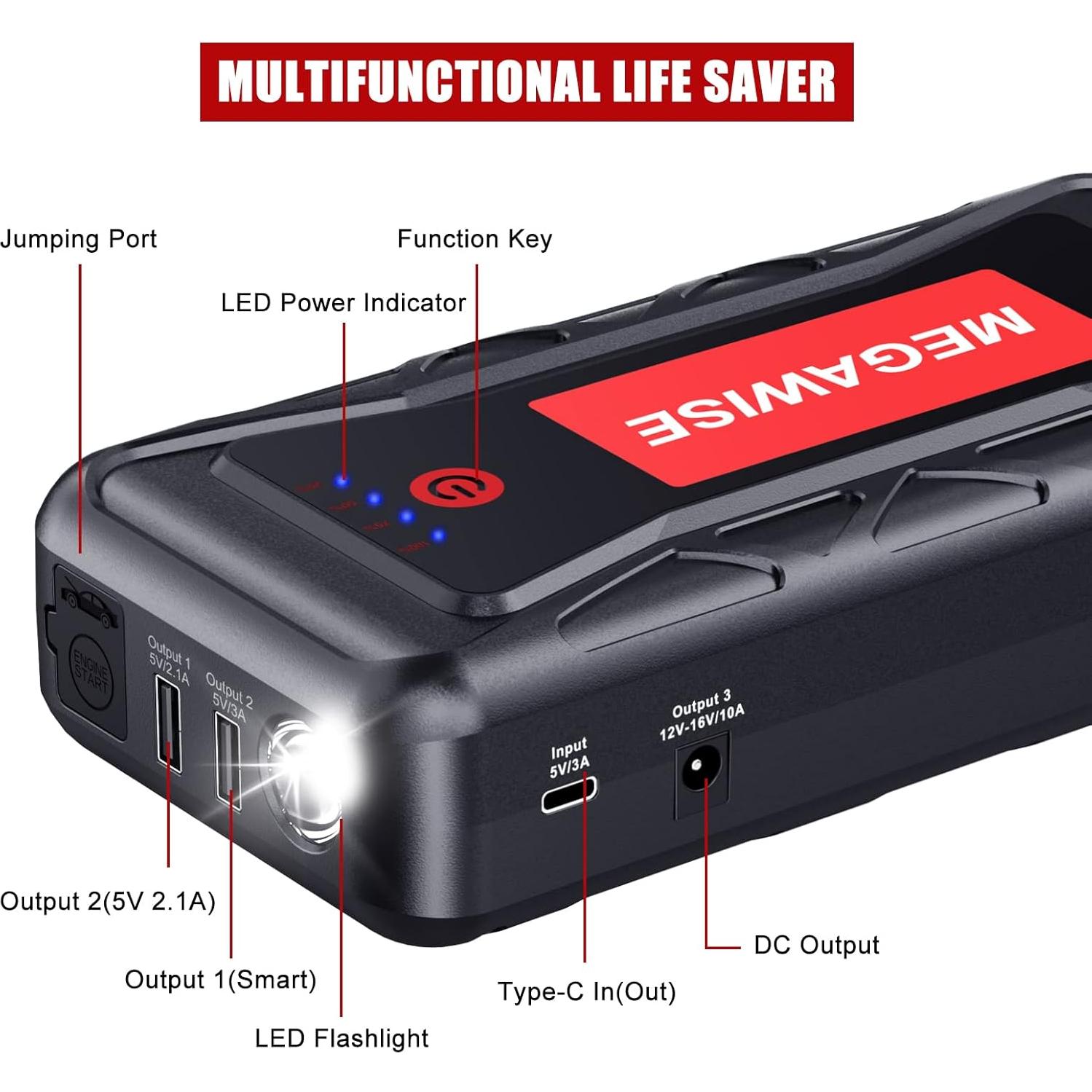 Arrancador de Batería MEGAWISE 2500A 21800mAh 12V USB