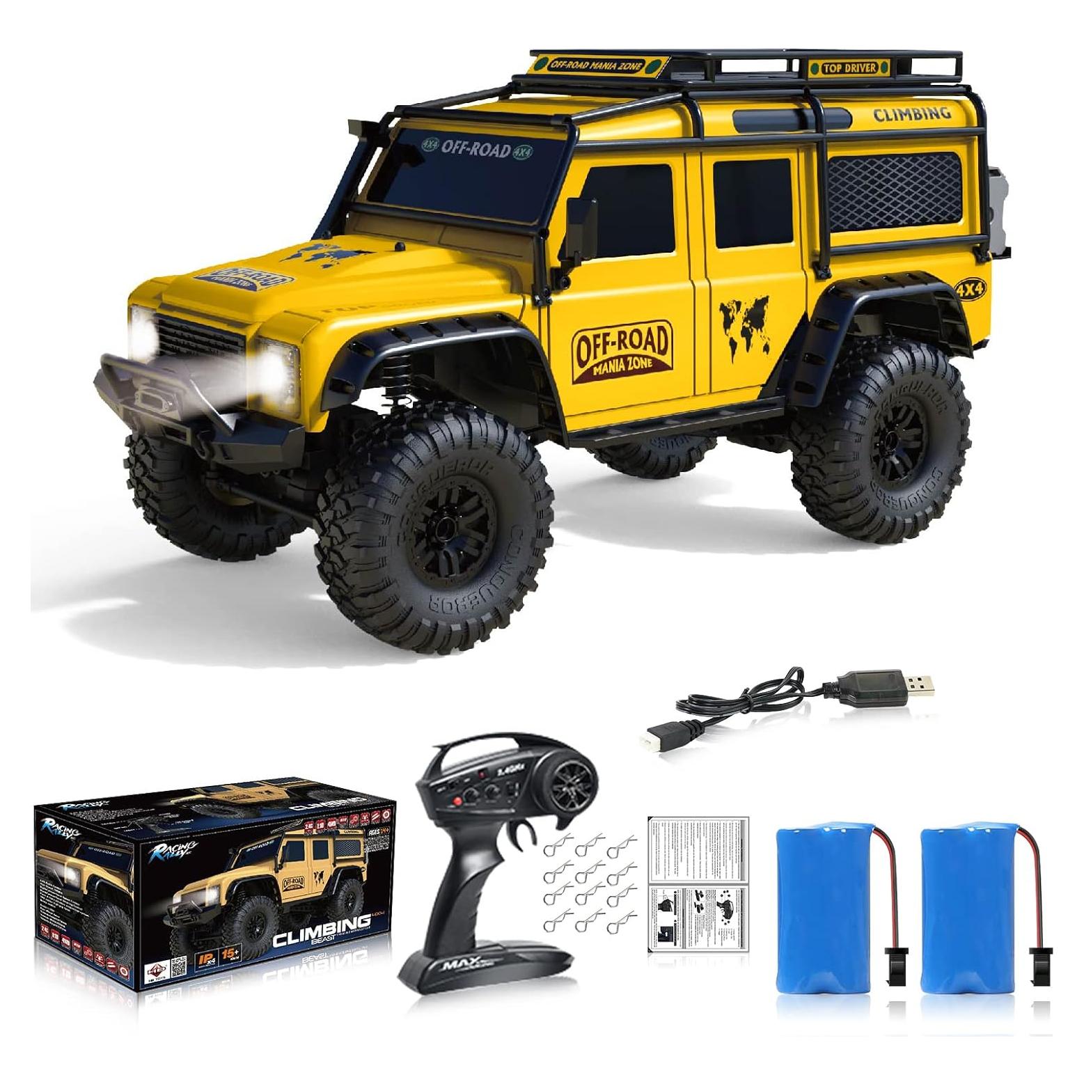 RC Cars RC Crawler 1/10 Scale RTR Remote Control Car 4WD 2.4GHz Brushed Offroad Racing Hobby Grade Model Vehicle with LED Lights 2Pcs Battery Toy for Kids and Adults